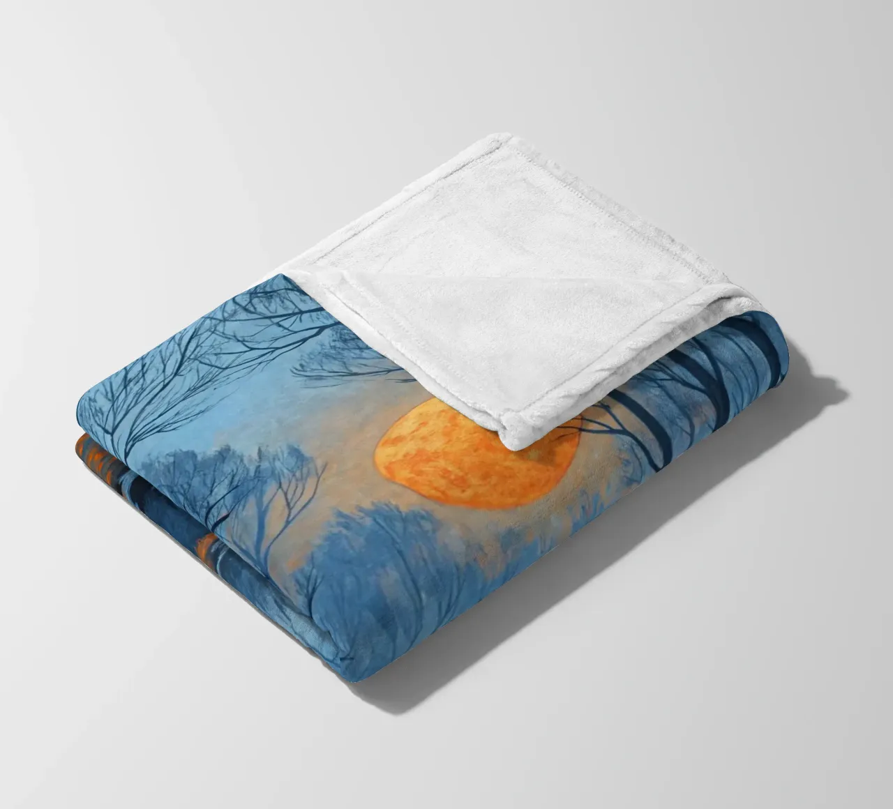 A Mystical Forest Path Under an Enchanting Orange Moon fleece blanket by Artistic-shop