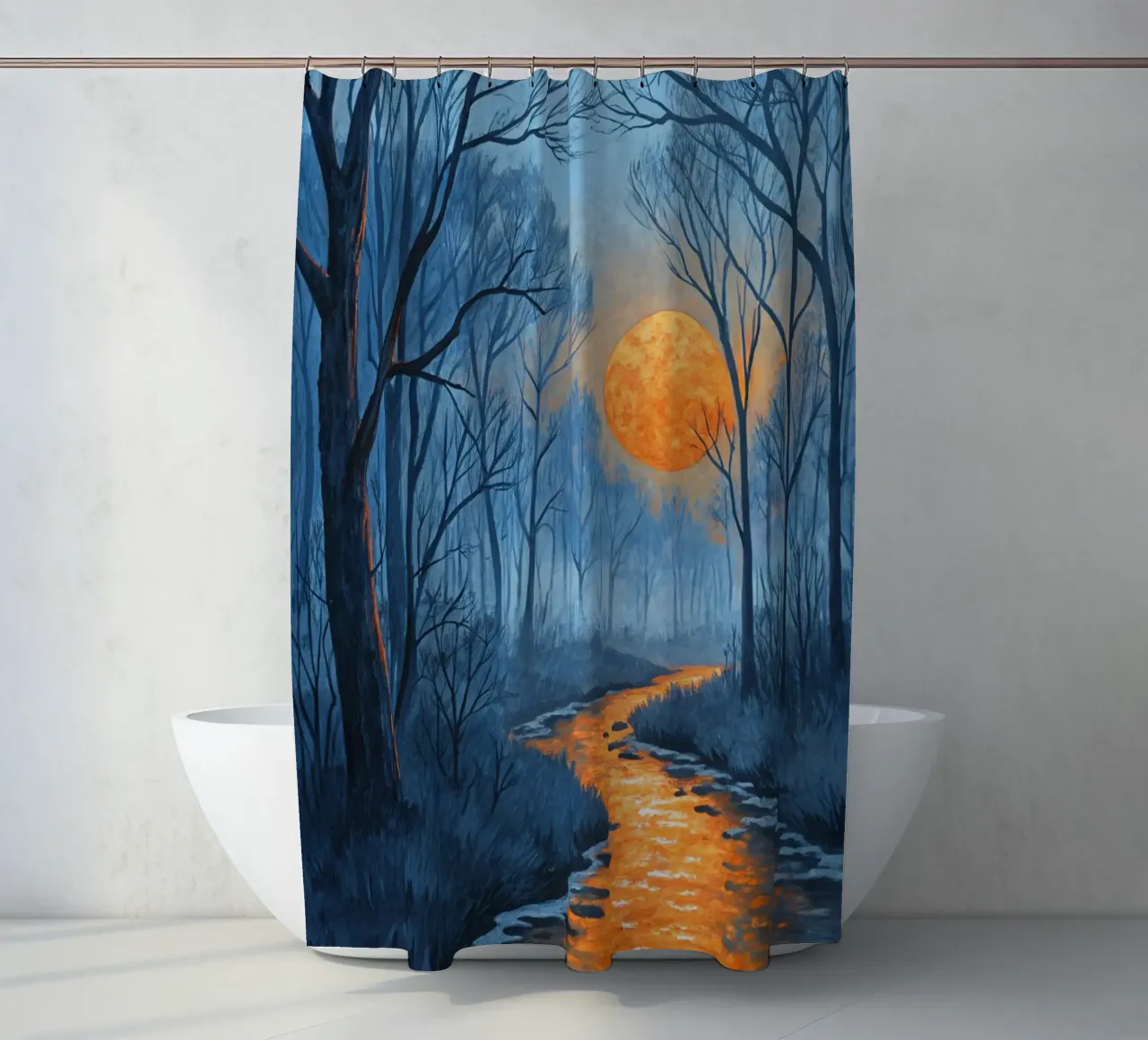A Mystical Forest Path Under an Enchanting Orange Moon shower curtain by Artistic-shop
