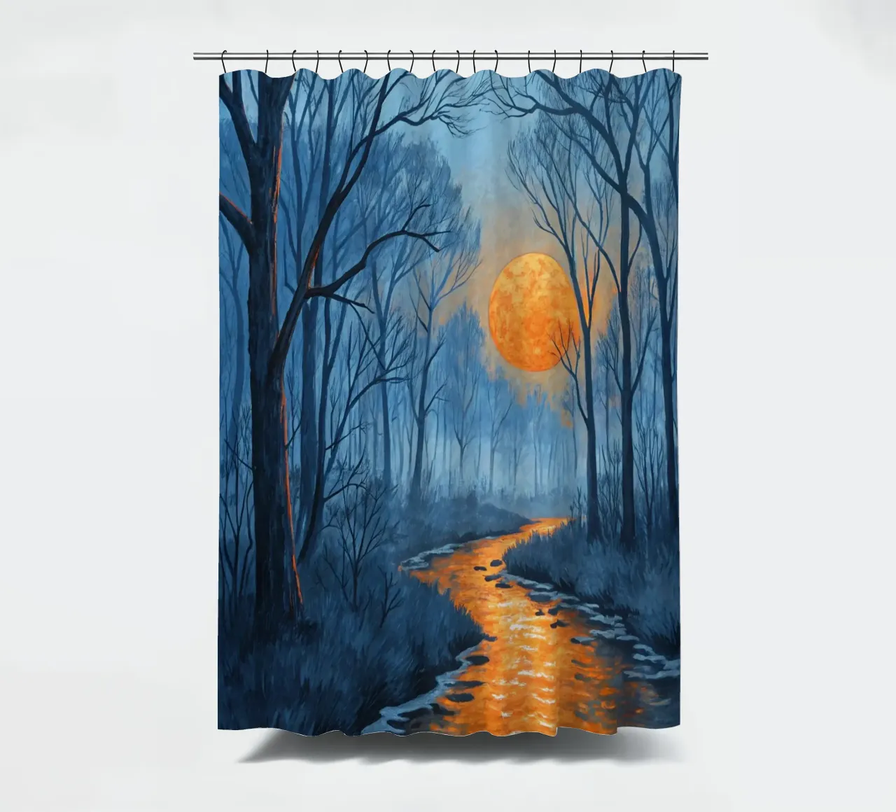 A Mystical Forest Path Under an Enchanting Orange Moon shower curtain by Artistic-shop
