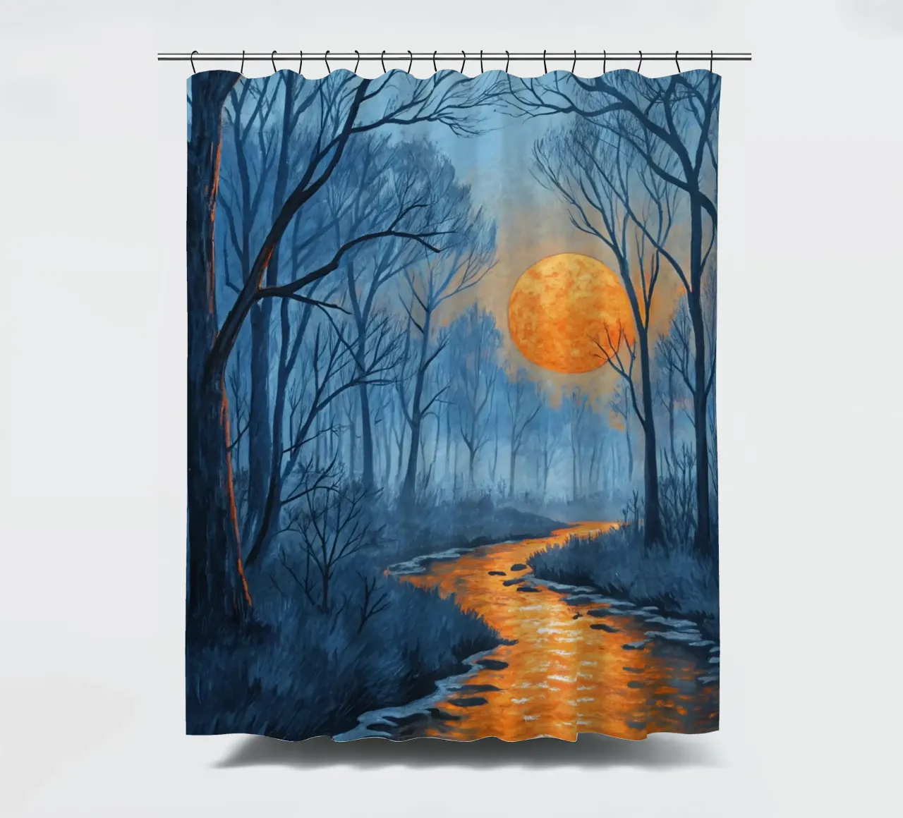 A Mystical Forest Path Under an Enchanting Orange Moon shower curtain by Artistic-shop