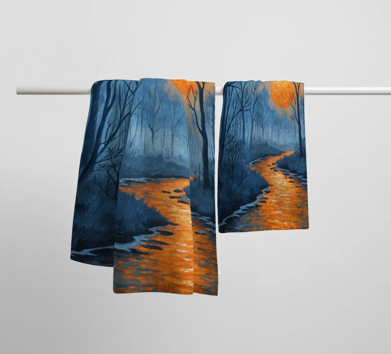 A Mystical Forest Path Under an Enchanting Orange Moon towel by Artistic-shop