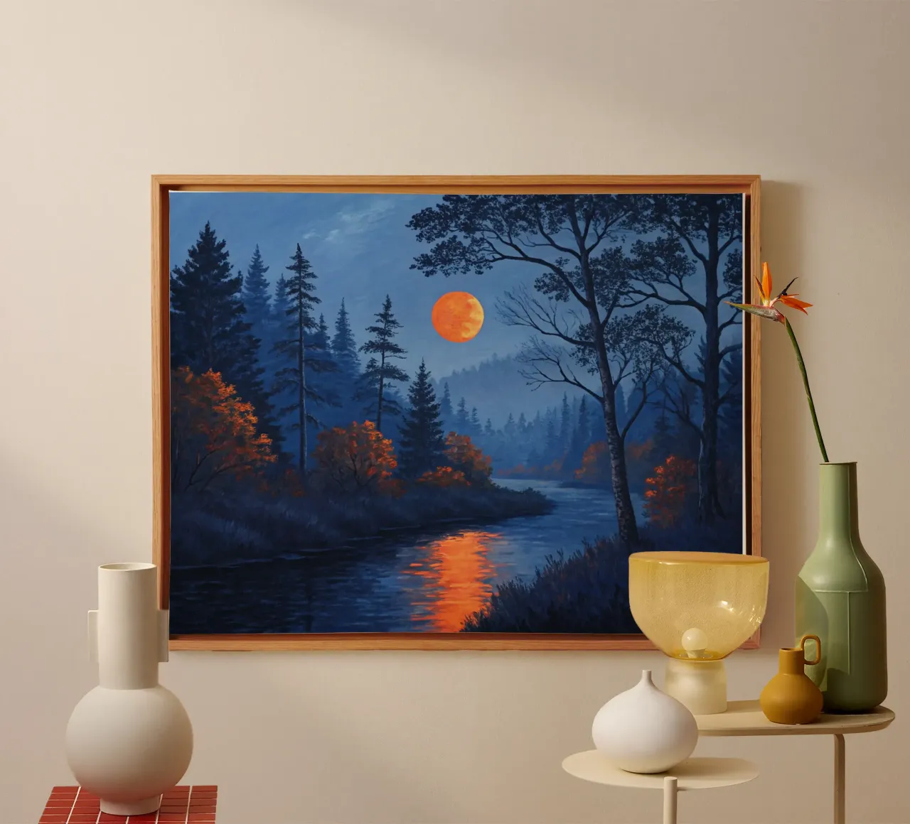 A Serene Nightscape with a Giant Orange Moon and Whispering canvas with Floater frame by Artistic-shop