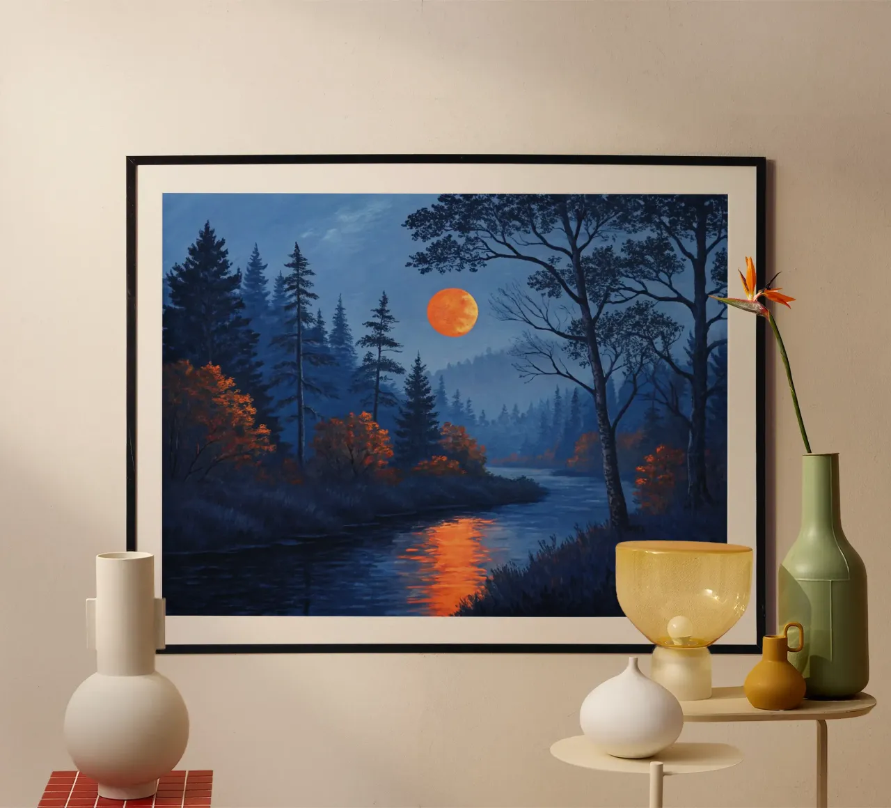 Un paesaggio notturno sereno con una luna arancione gigante e un sussurro poster con telaio in plastica da Artistic-shop