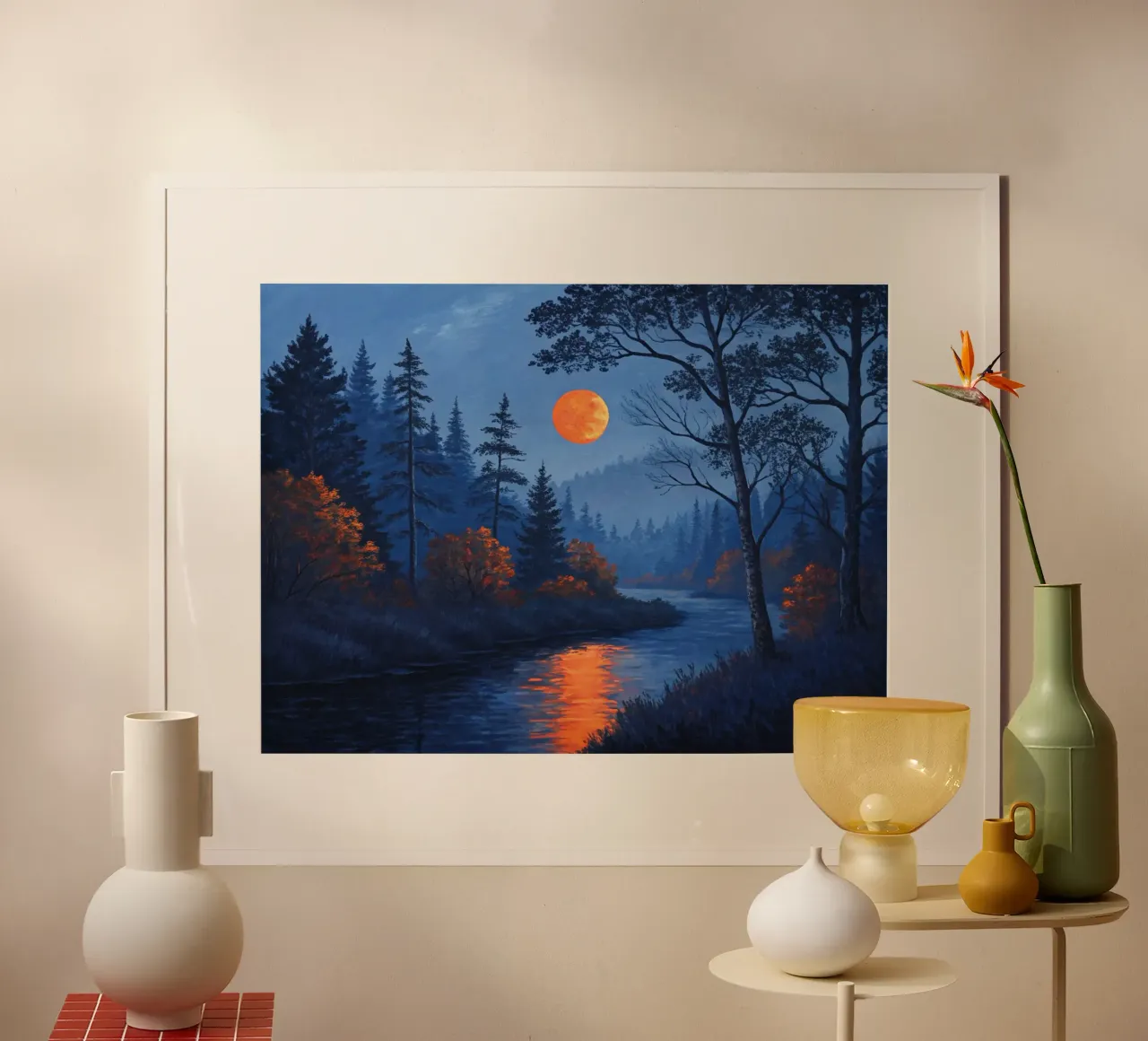 Un paesaggio notturno sereno con una luna arancione gigante e un sussurro poster con telaio in plastica da Artistic-shop