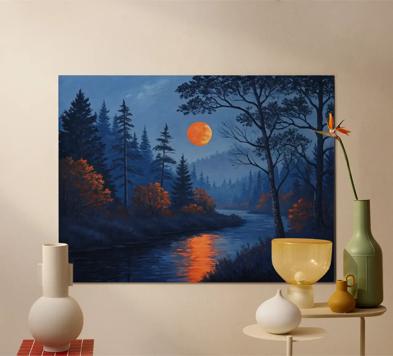 Un paesaggio notturno sereno con una luna arancione gigante e un sussurro poster con telaio in plastica da Artistic-shop