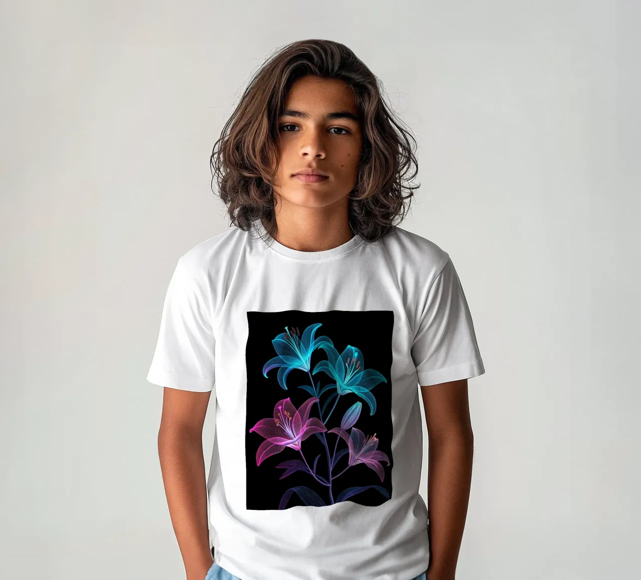 Ethereal Luminescence: A Symphony of Radiant Lilies in X-Ray kids t-shirt by Artistic-shop