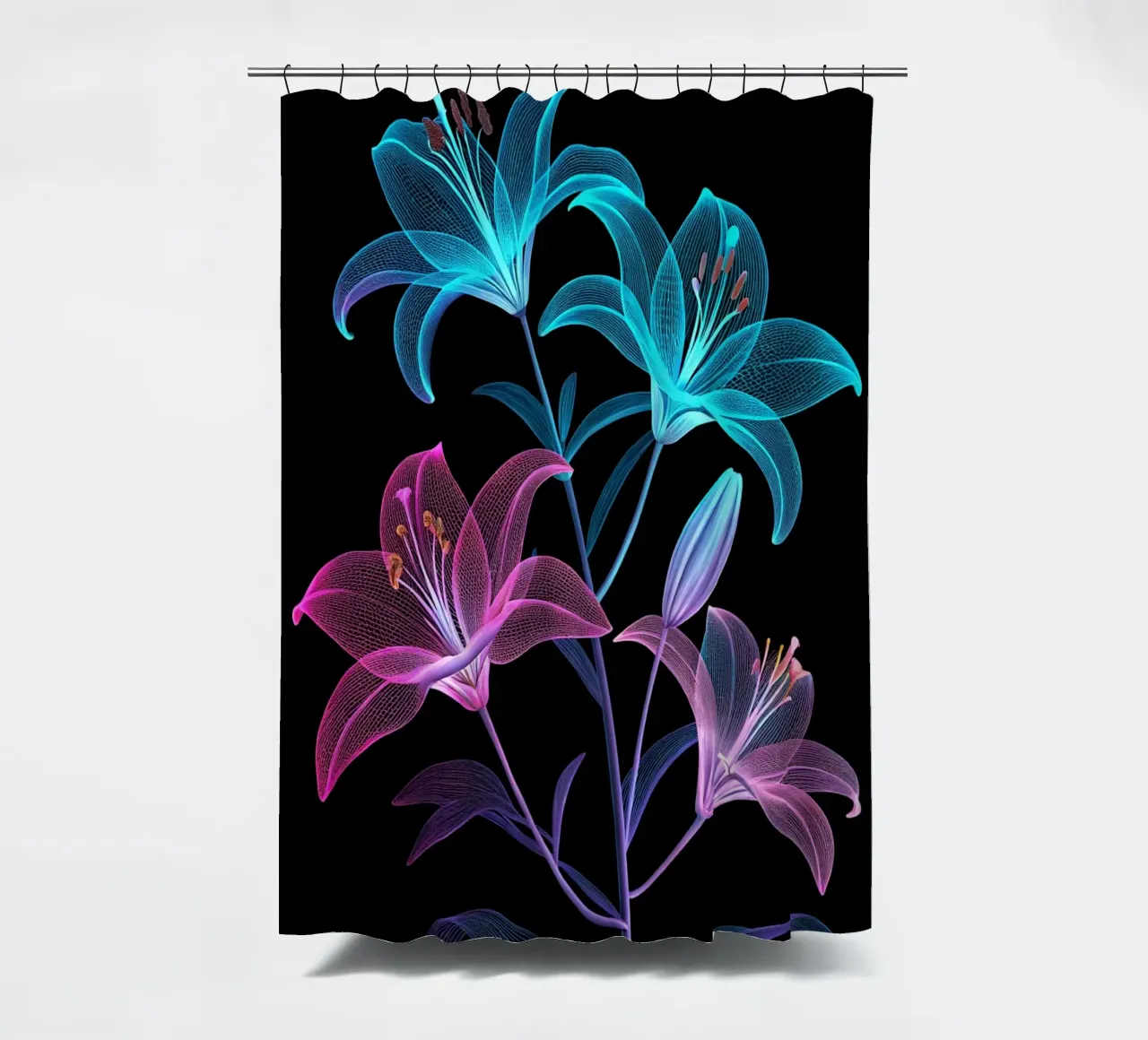 Luminescenza eterea: Una sinfonia di gigli radianti ai raggi X tenda da doccia da Artistic-shop