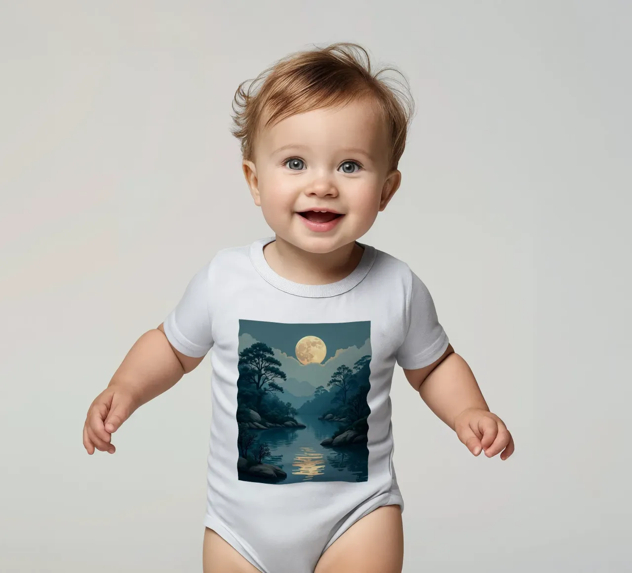 Pleine lune lumineuse se reflétant sur des eaux tranquilles body bébé de Artistic-shop