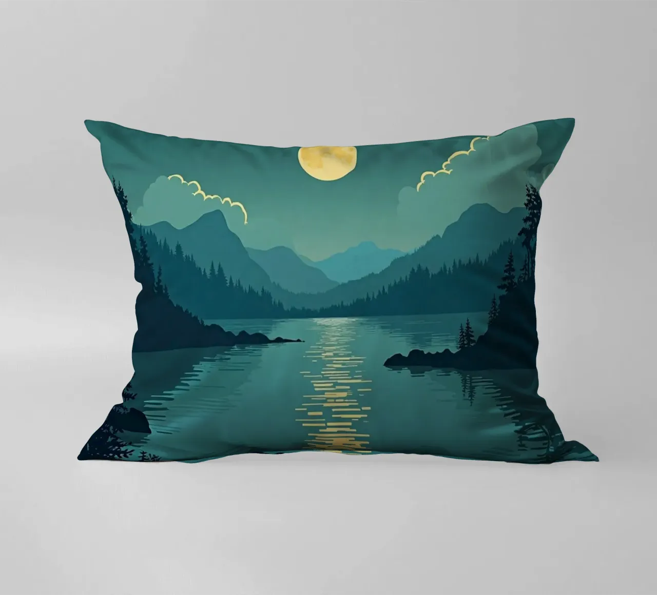 Una notte tranquilla sul lago riflessivo e sui pini che sussurrano cuscino da Artistic-shop