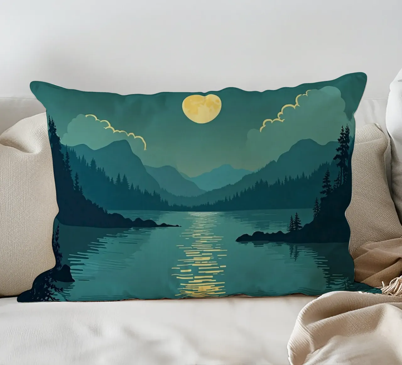 Una notte tranquilla sul lago riflessivo e sui pini che sussurrano cuscino da Artistic-shop