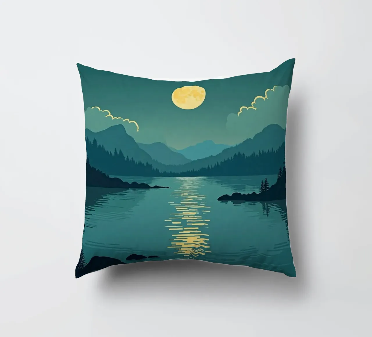 Una notte tranquilla sul lago riflessivo e sui pini che sussurrano cuscino da Artistic-shop