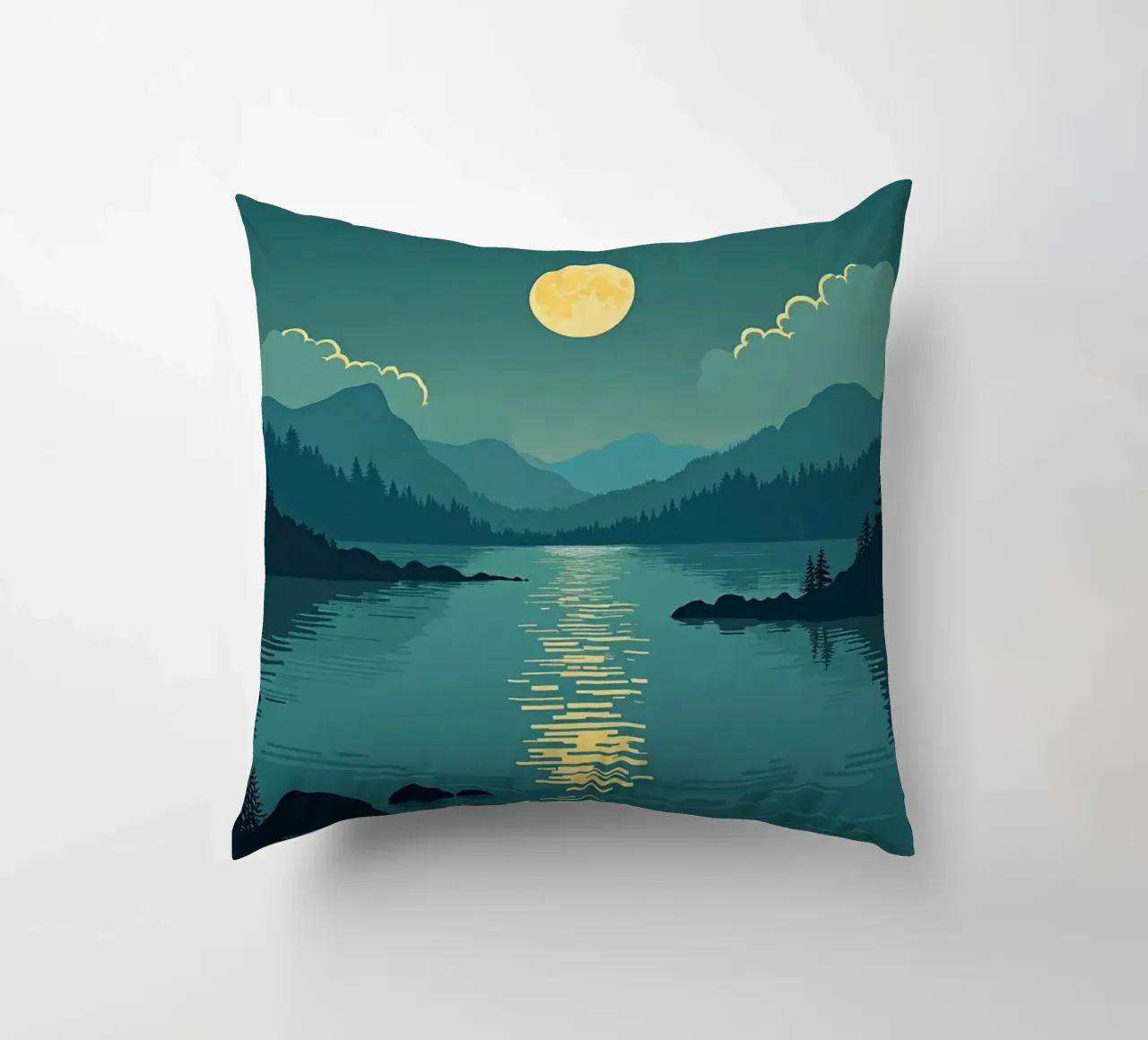 Una notte tranquilla sul lago riflessivo e sui pini che sussurrano cuscino da Artistic-shop