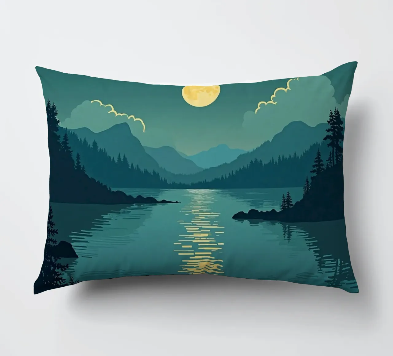 Una notte tranquilla sul lago riflessivo e sui pini che sussurrano cuscino da Artistic-shop