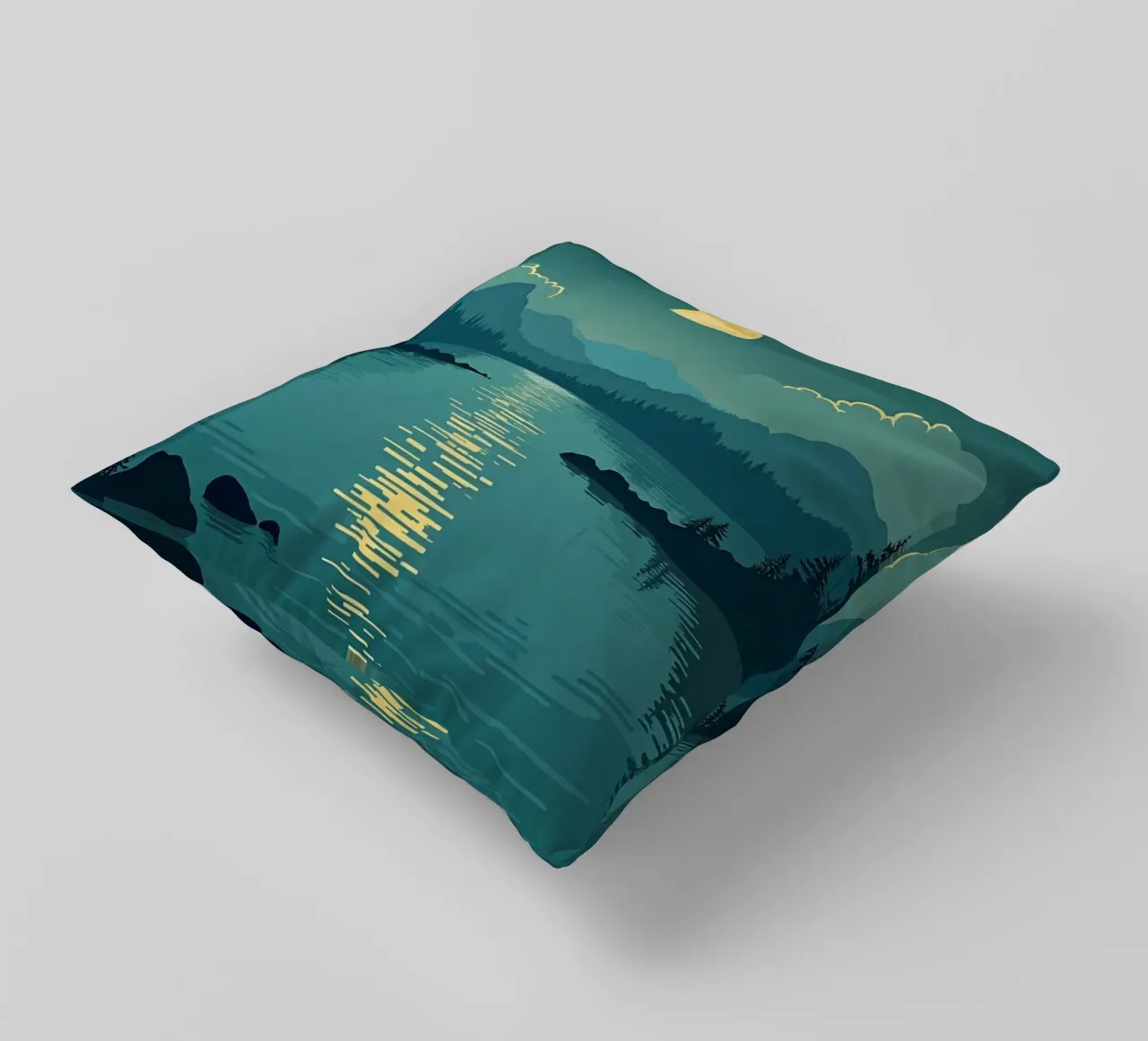 Una notte tranquilla sul lago riflessivo e sui pini che sussurrano cuscino da Artistic-shop