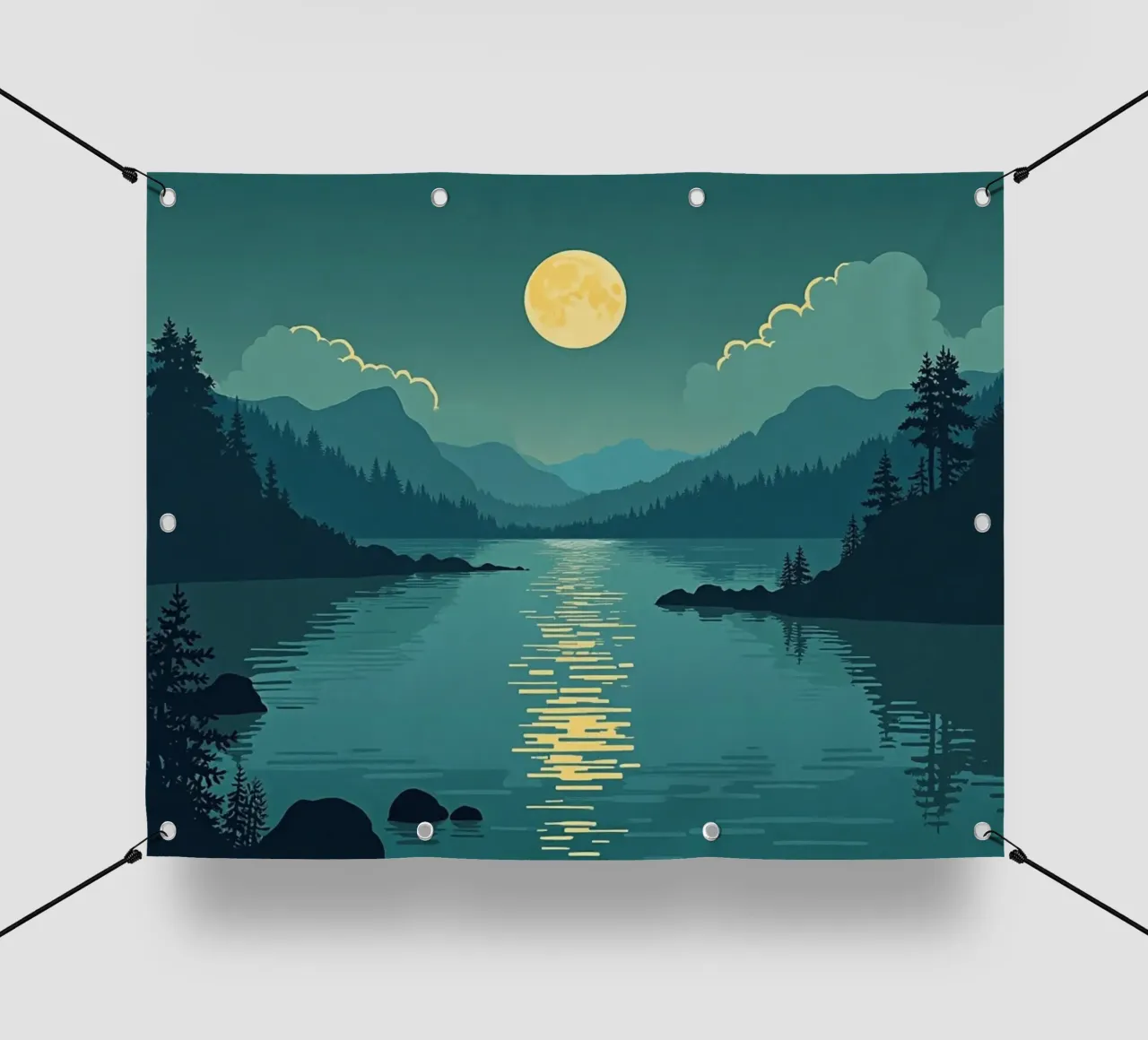 Una notte tranquilla sul lago riflessivo e sui pini che sussurrano telo in pvc da Artistic-shop
