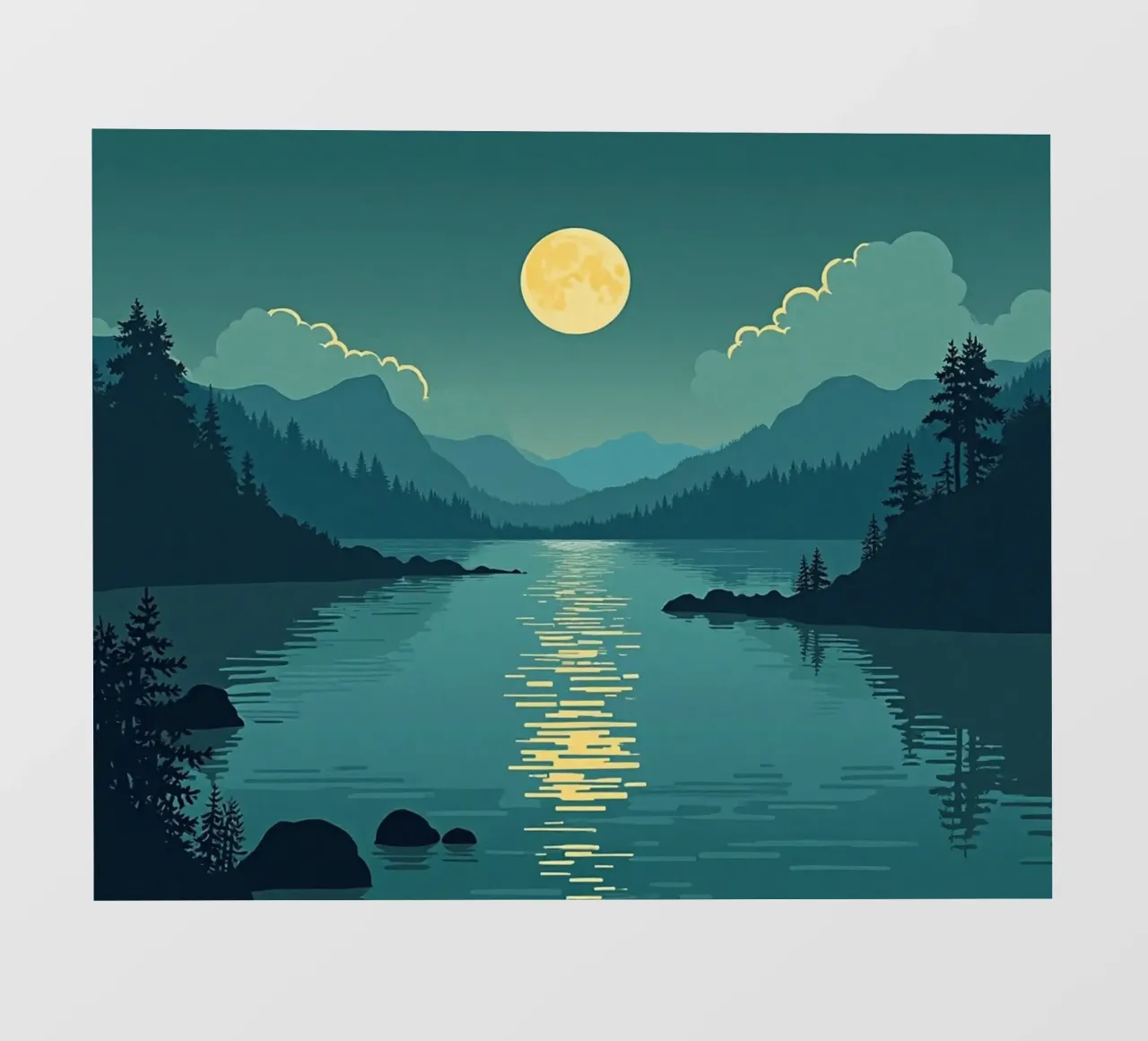 Una notte tranquilla sul lago riflessivo e sui pini che sussurrano telo in pvc da Artistic-shop