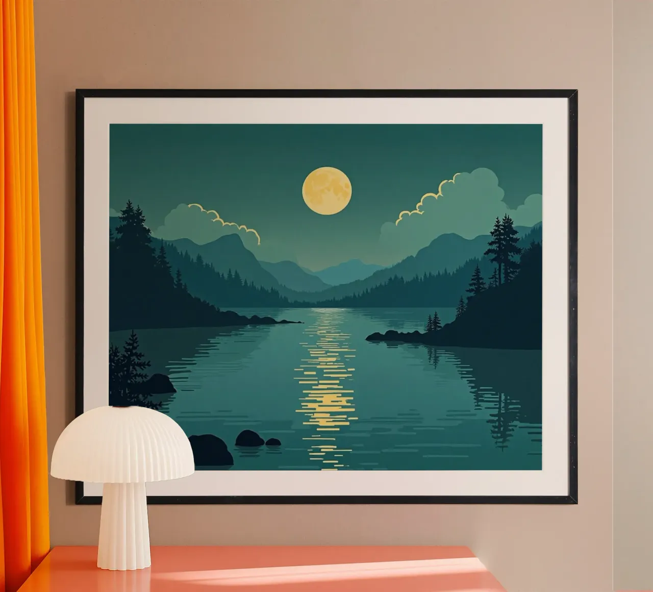 Una notte tranquilla sul lago riflessivo e sui pini che sussurrano poster da Artistic-shop