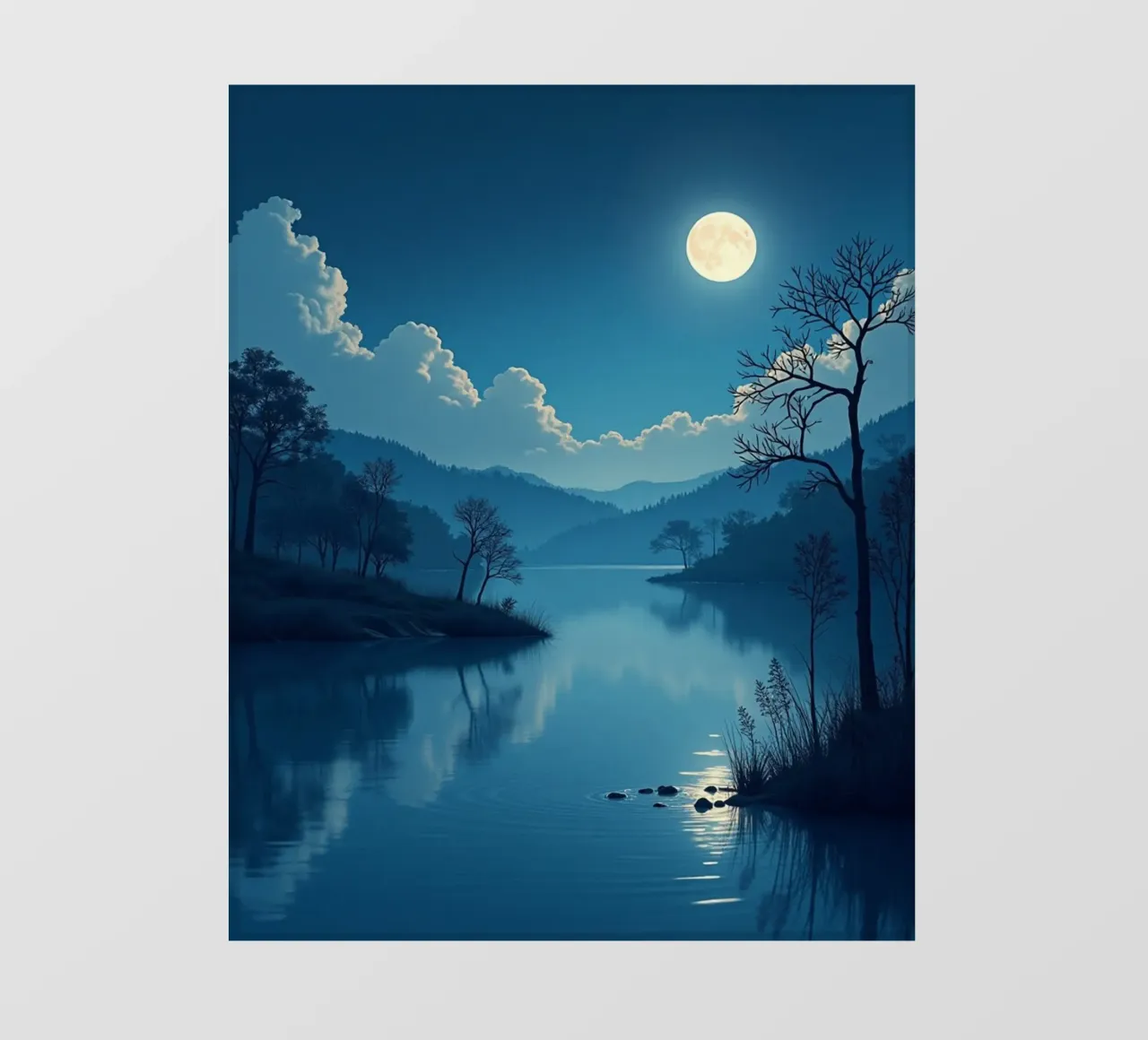 Un tranquillo paesaggio notturno con un riflesso luminoso della luna piena pellicola backlit da Artistic-shop