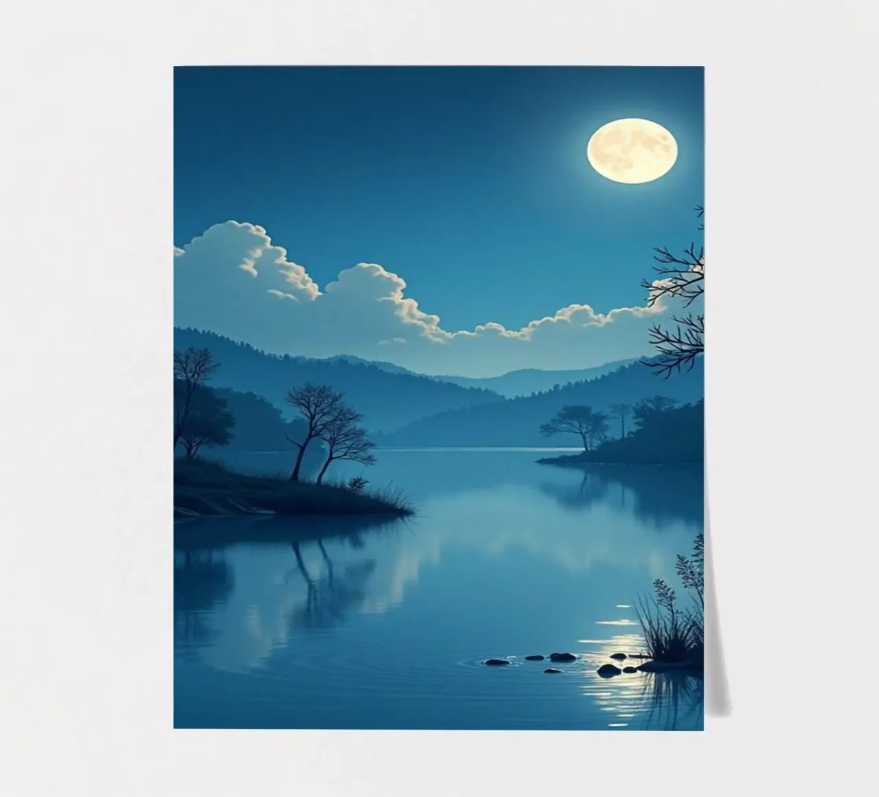 Eine ruhige Nachtlandschaft mit leuchtendem Vollmond spiegelt sich Stickerbogen von Artistic-shop