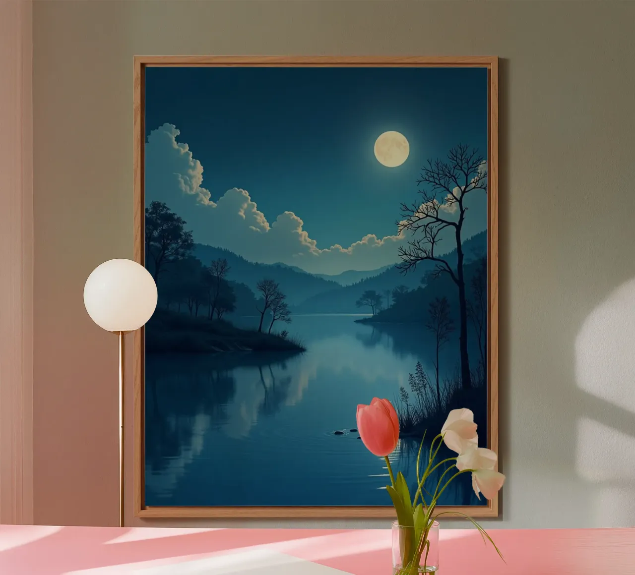 Un tranquillo paesaggio notturno con un riflesso luminoso della luna piena alluminio dibond da Artistic-shop