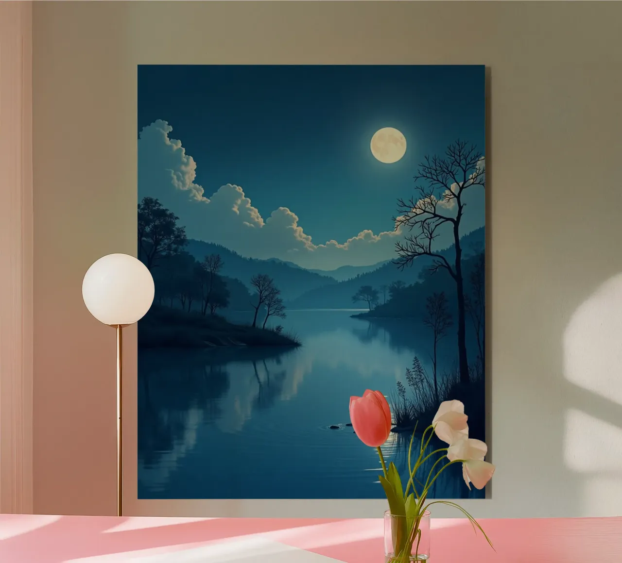 Un tranquillo paesaggio notturno con un riflesso luminoso della luna piena alluminio dibond da Artistic-shop
