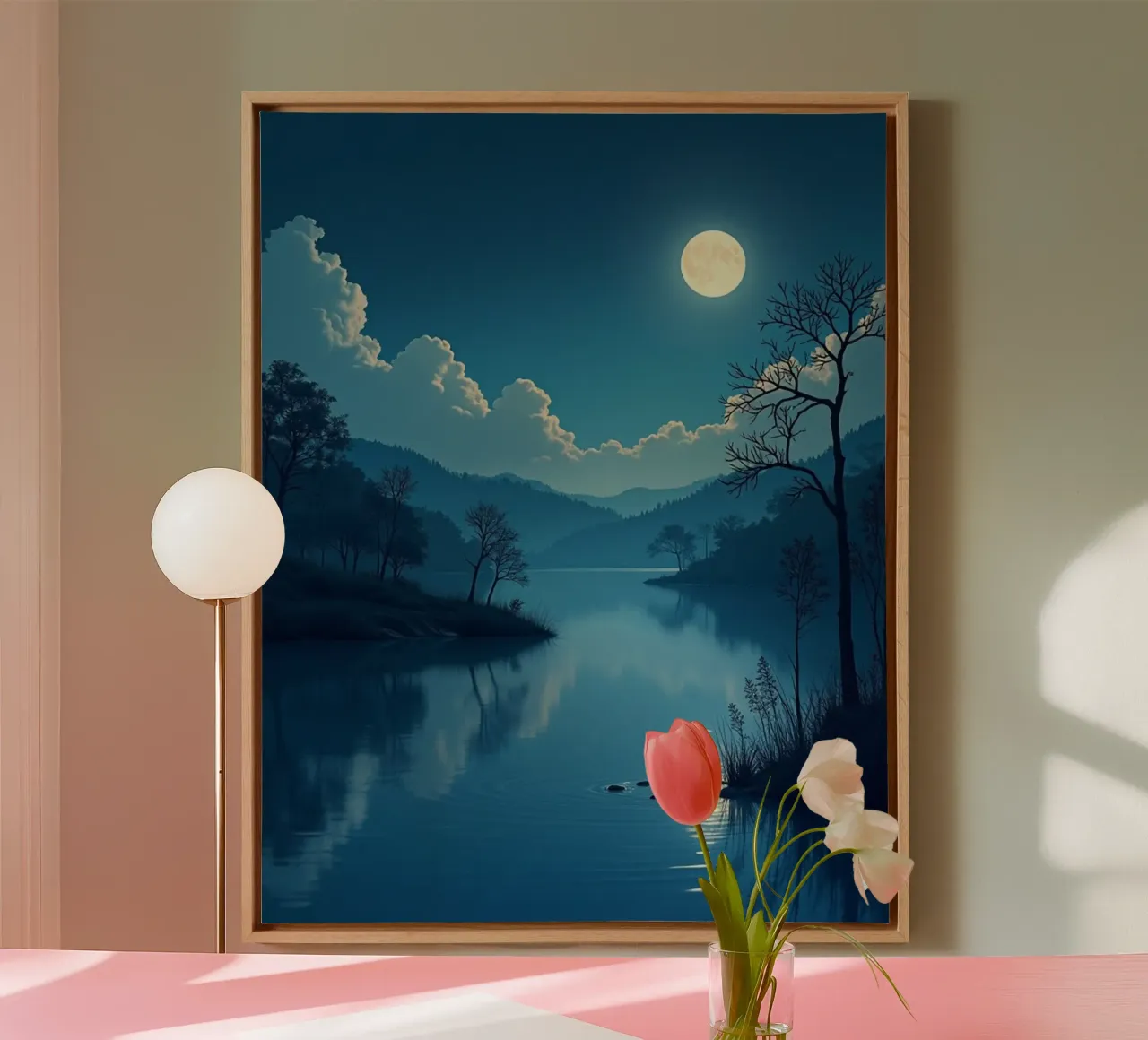 Un paysage nocturne paisible avec une pleine lune lumineuse Reflect toile avec Caisse américaine de Artistic-shop