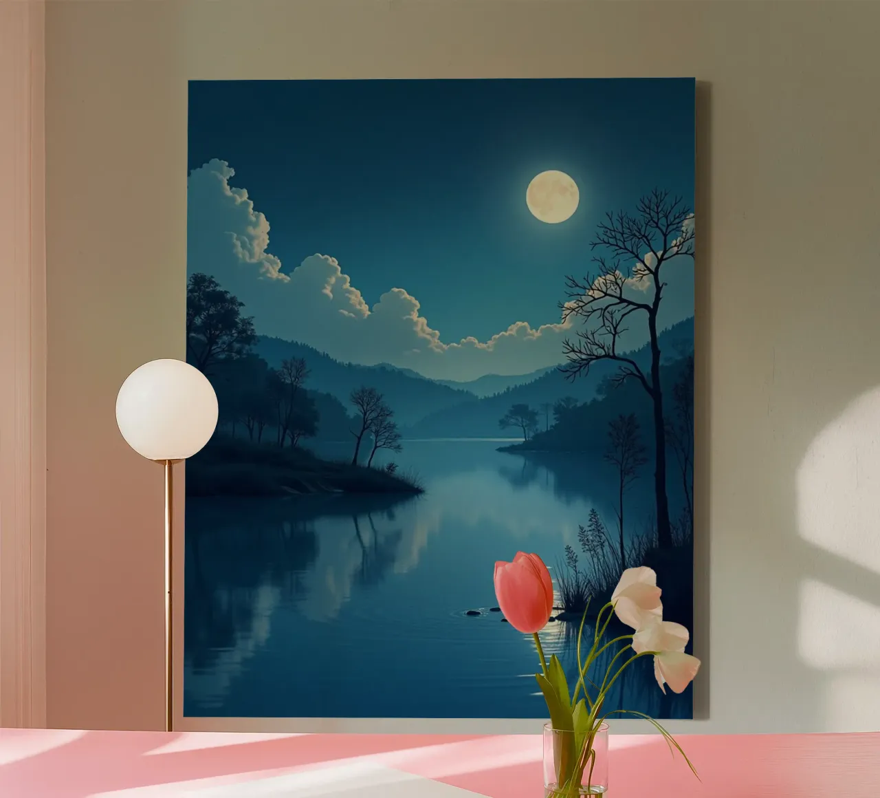 Un paysage nocturne paisible avec une pleine lune lumineuse Reflect toile avec Caisse américaine de Artistic-shop