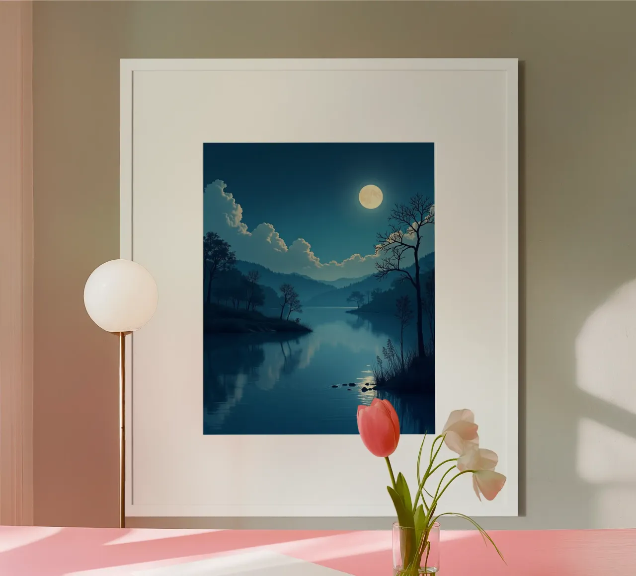 Un tranquillo paesaggio notturno con un riflesso luminoso della luna piena carta hahnemühle da Artistic-shop
