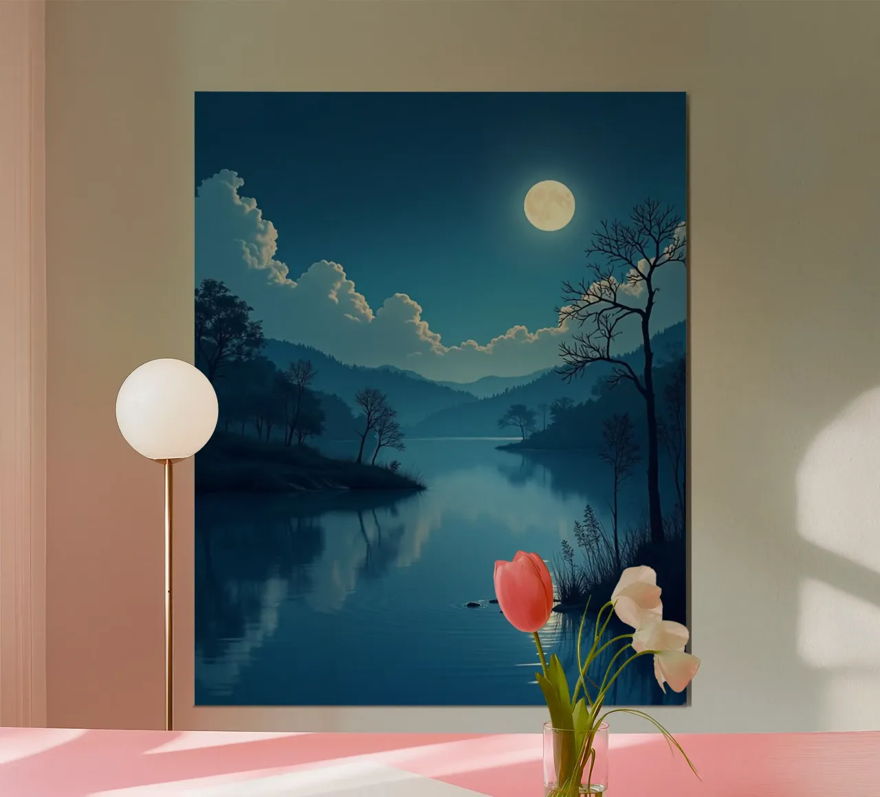 Un tranquillo paesaggio notturno con un riflesso luminoso della luna piena carta hahnemühle da Artistic-shop