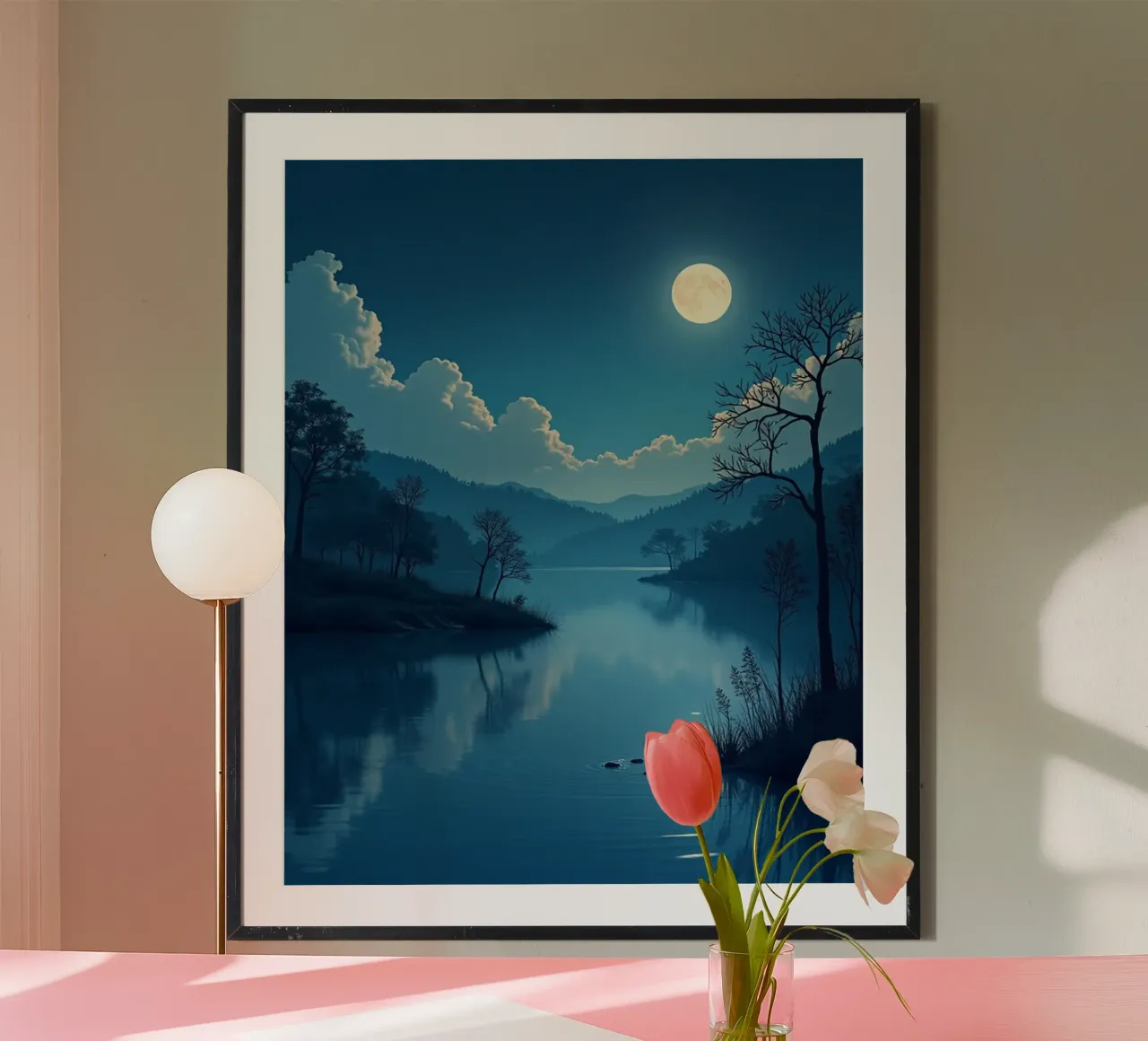 Un tranquillo paesaggio notturno con un riflesso luminoso della luna piena carta hahnemühle da Artistic-shop