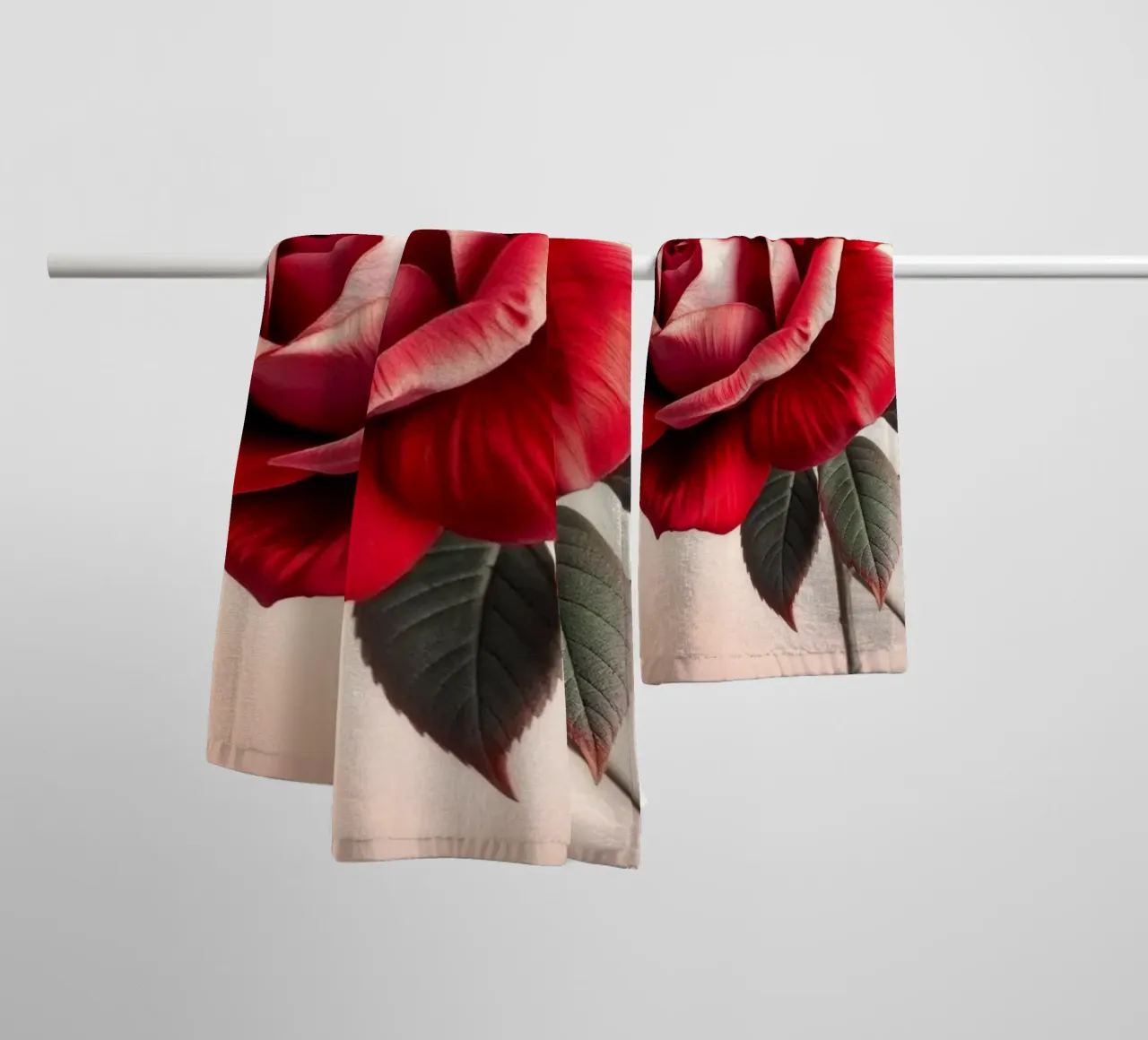A Captivating Crimson Rose in Full Bloom with Verdant Leaves towel by Artistic-shop