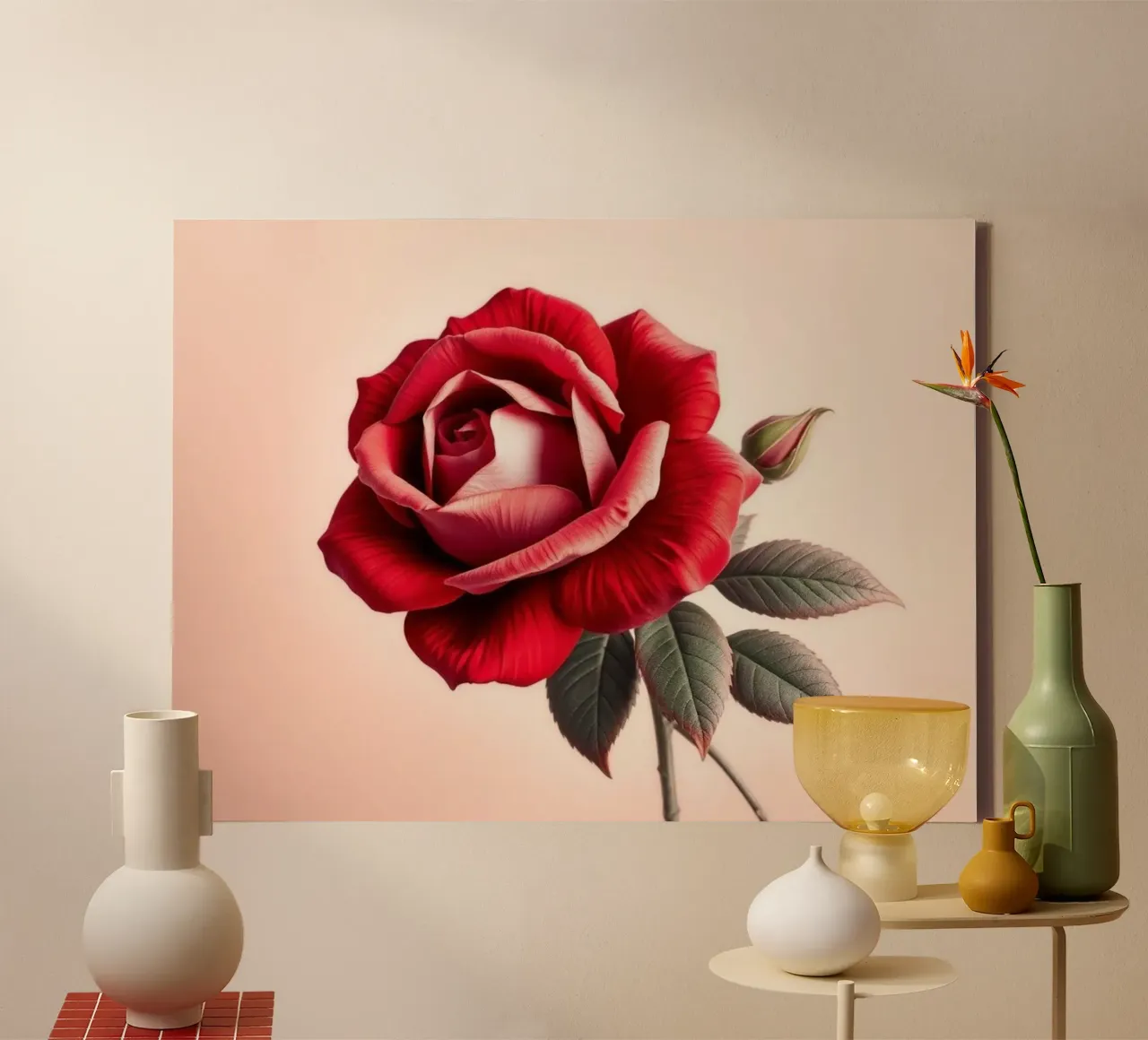 A Captivating Crimson Rose in Full Bloom with Verdant Leaves canvas by Artistic-shop