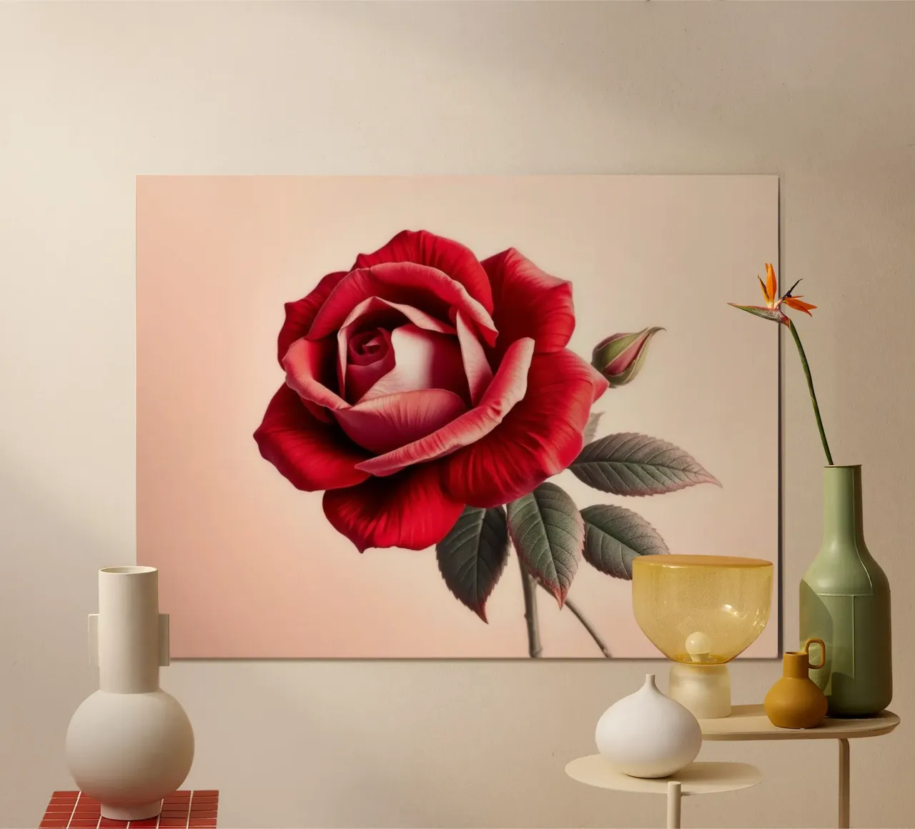 Eine bezaubernde karmesinrote Rose in voller Blüte mit grünen Blättern Hahnemühle von Artistic-shop