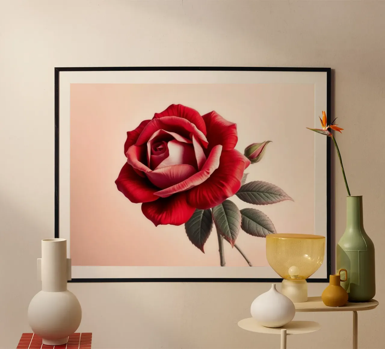Eine bezaubernde karmesinrote Rose in voller Blüte mit grünen Blättern Hahnemühle von Artistic-shop