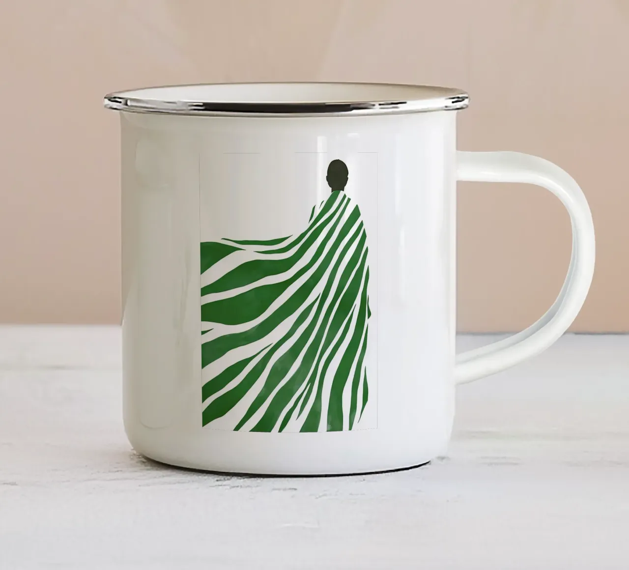 Abstracte illustratie vrouw, smaragdgroen moderne kunst emaille mok van ArtHaus