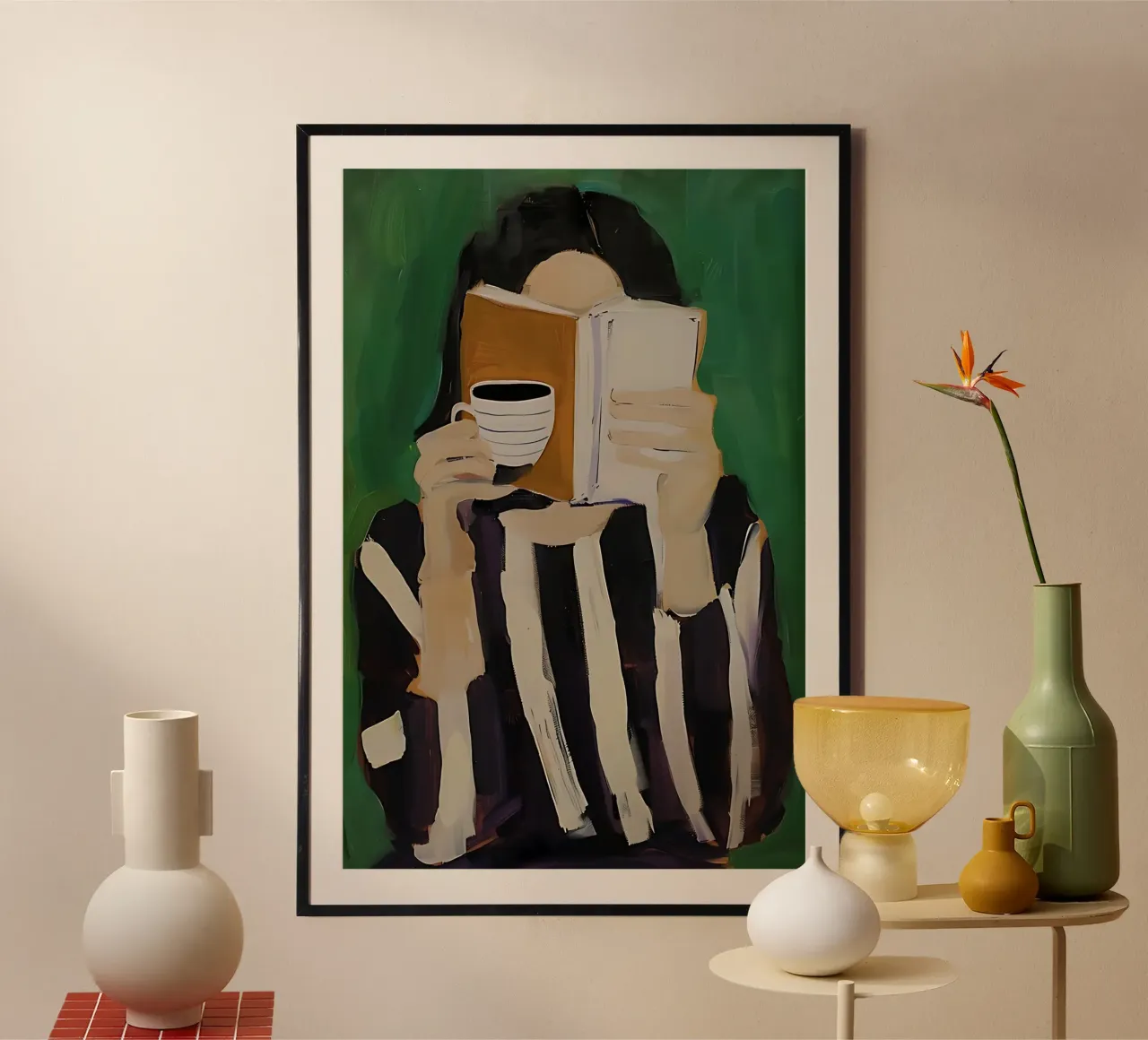 Abstrakte Frau Illustration, Smaragdgrün Moderne Kunst Poster mit Kunststoffrahmen von ArtHaus