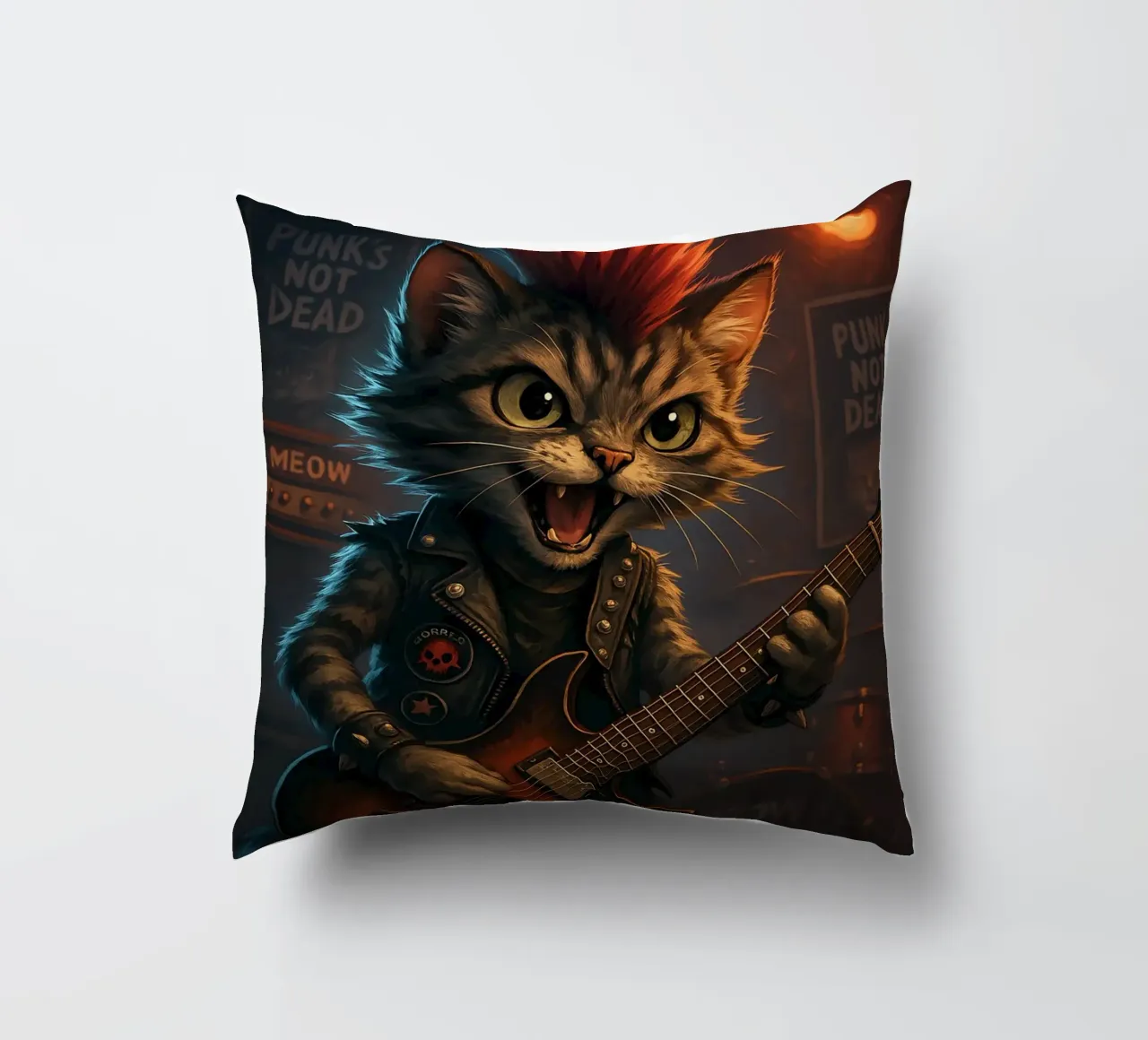 Il gatto punk moicano fa a pezzi la chitarra cuscino da flufftee
