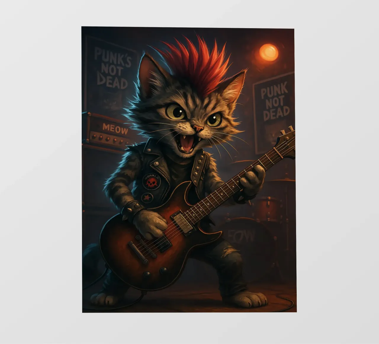 Il gatto punk moicano fa a pezzi la chitarra pellicola backlit da flufftee