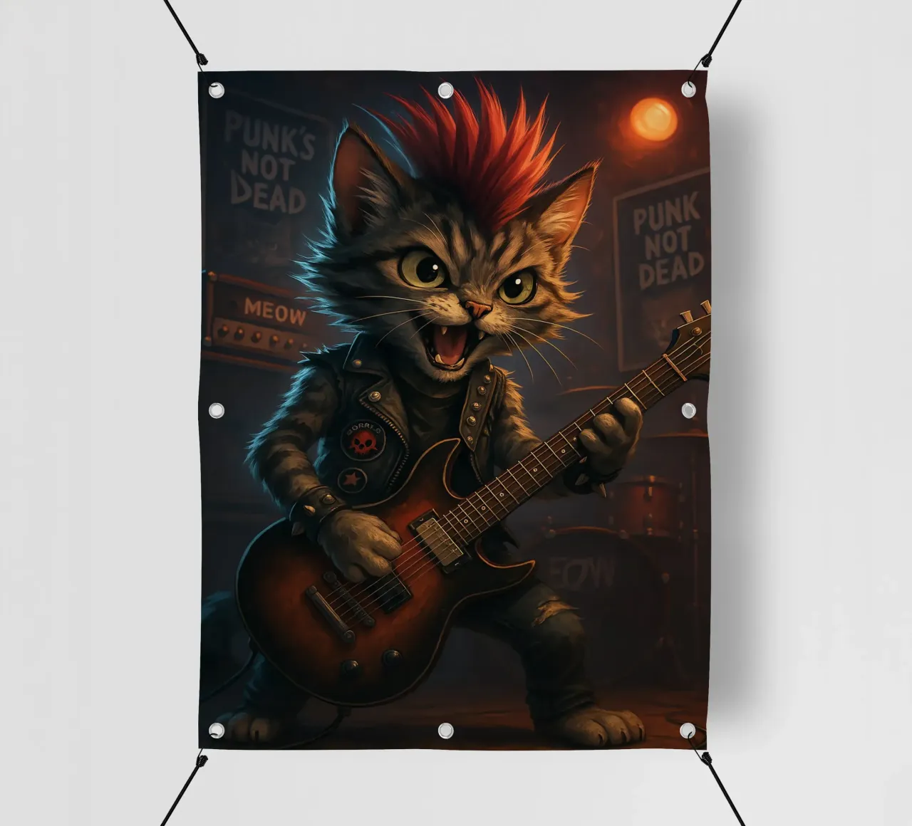 Il gatto punk moicano fa a pezzi la chitarra telo in pvc da flufftee