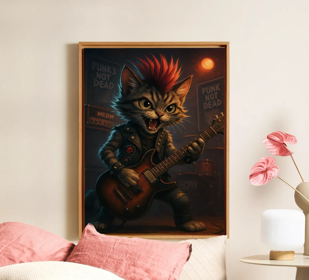 Mohawk Punk Cat Shreds Guitar canvas with Floater frame by flufftee