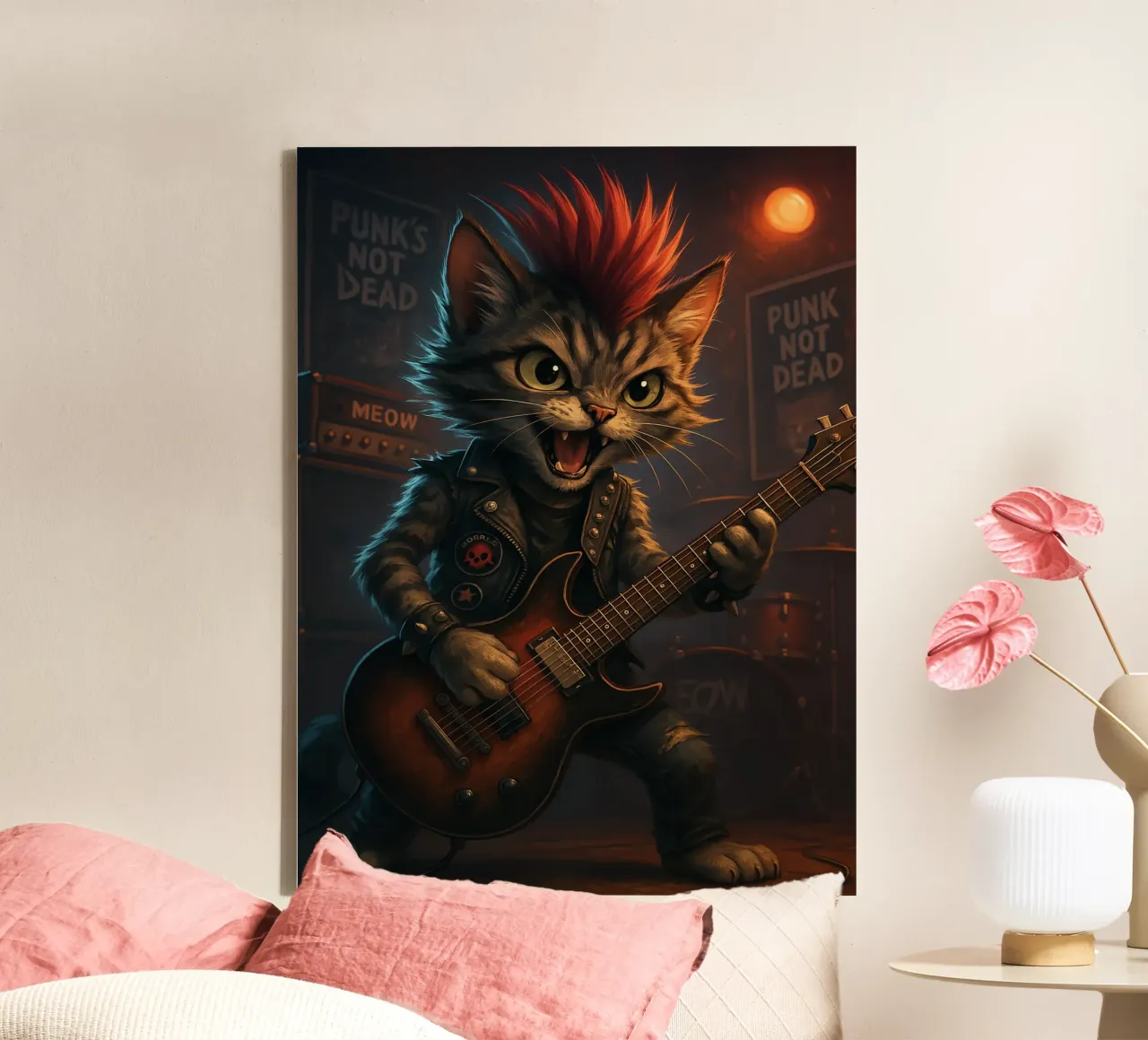 Mohawk Punk Cat Shreds Guitar canvas with Floater frame by flufftee