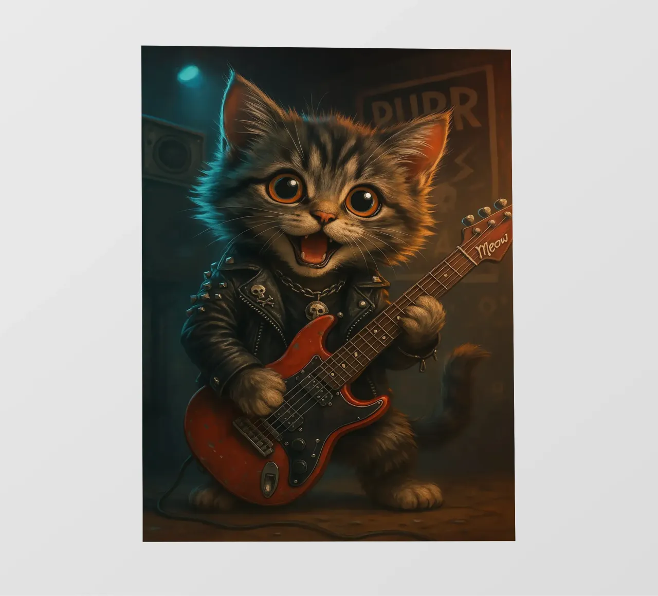 Un gattino punk rock fa a pezzi una chitarra rossa telo in pvc da flufftee