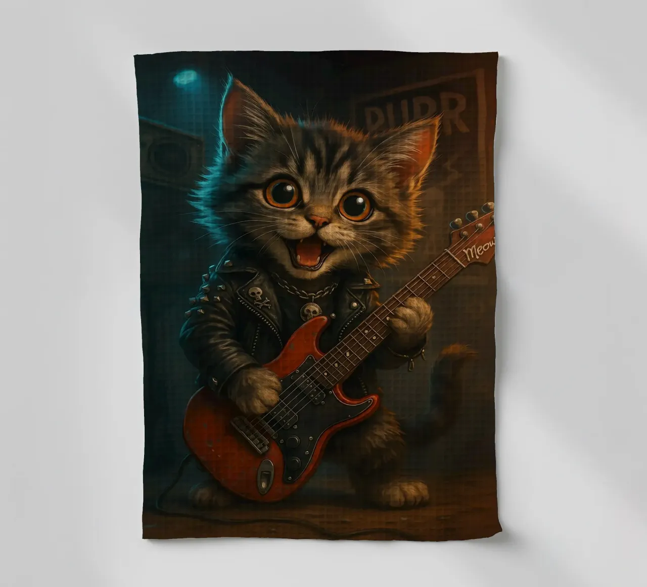 Un gattino punk rock fa a pezzi una chitarra rossa canovaccio da cucina da flufftee