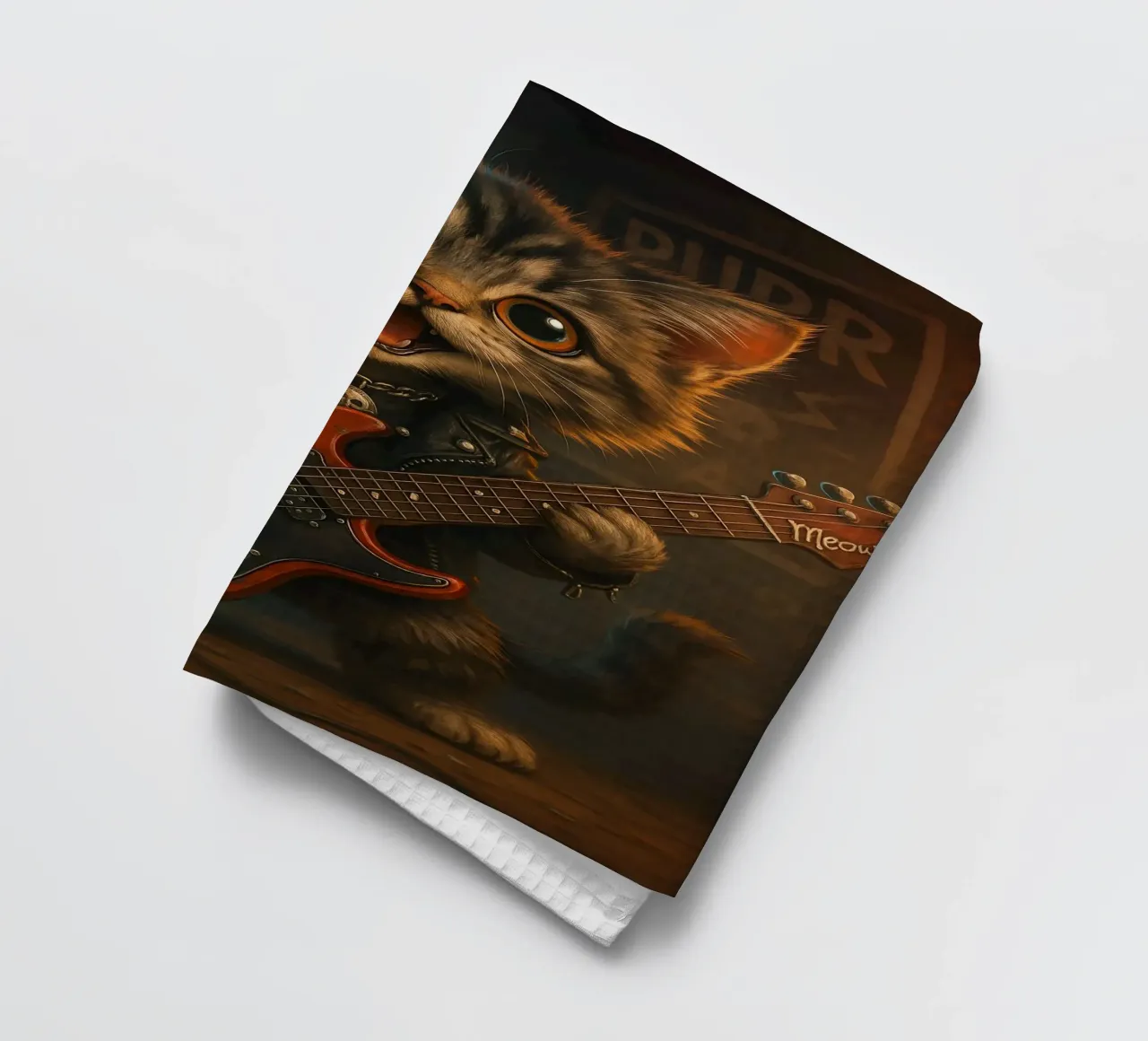 Un gattino punk rock fa a pezzi una chitarra rossa canovaccio da cucina da flufftee