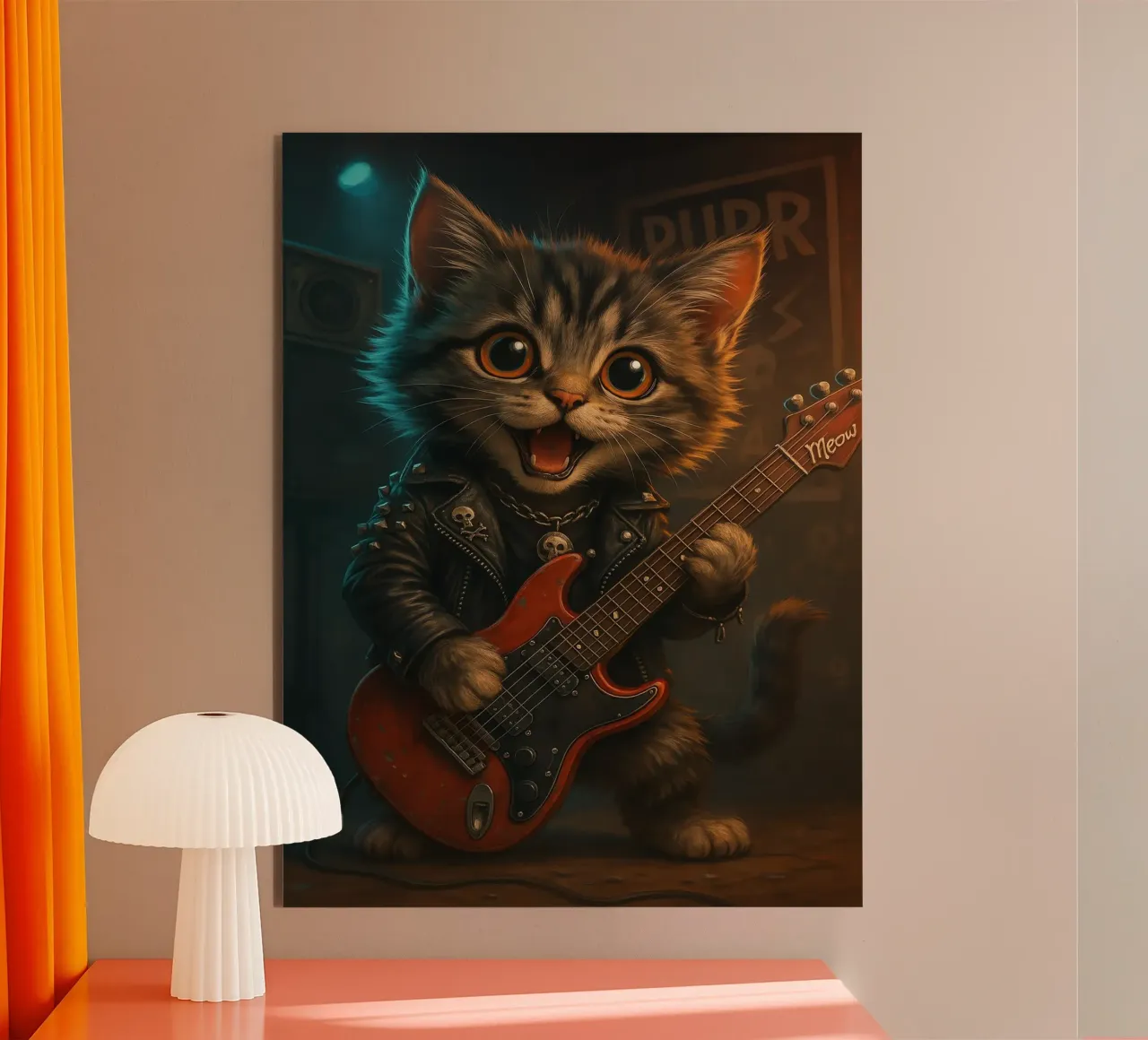 Un gattino punk rock fa a pezzi una chitarra rossa pannello forex da flufftee