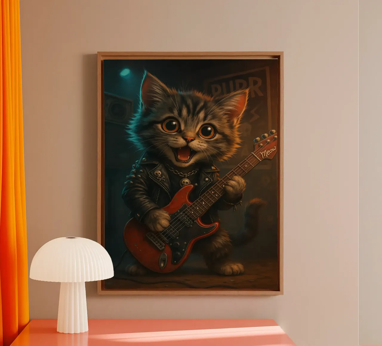 Un gattino punk rock fa a pezzi una chitarra rossa tela con Cornice a cassetta da flufftee