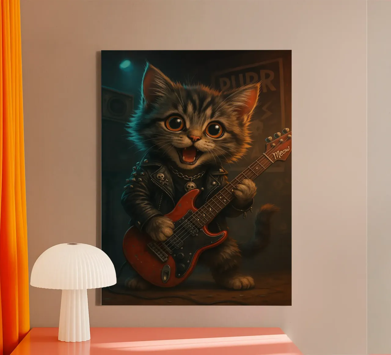 Un gattino punk rock fa a pezzi una chitarra rossa tela con Cornice a cassetta da flufftee