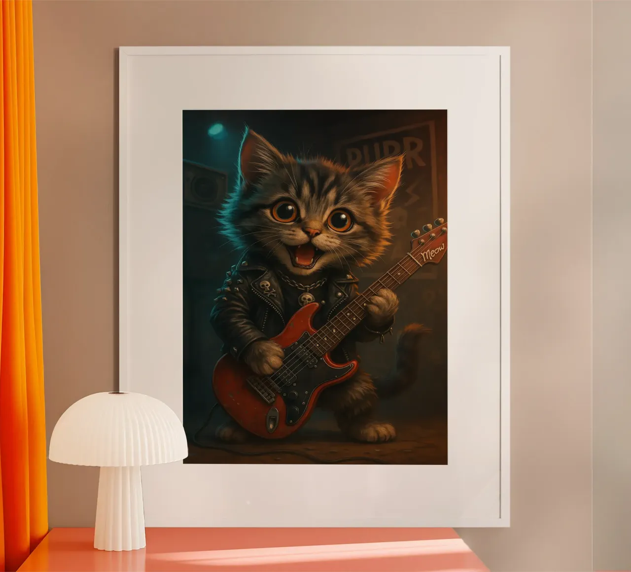 Un gattino punk rock fa a pezzi una chitarra rossa carta hahnemühle da flufftee