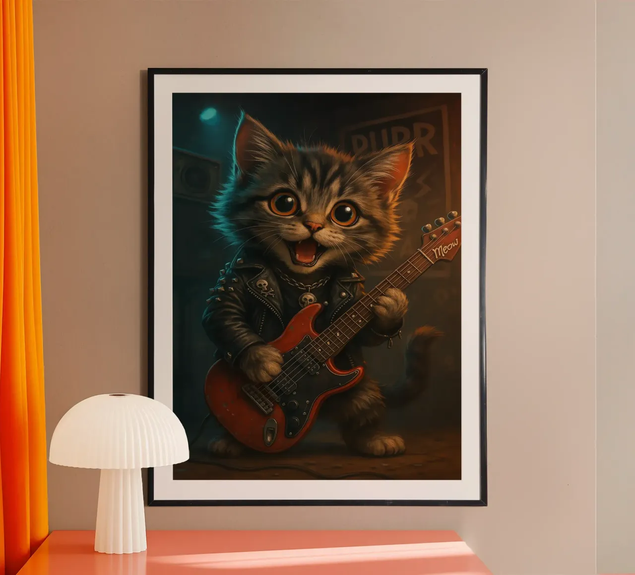 Un gattino punk rock fa a pezzi una chitarra rossa carta hahnemühle da flufftee
