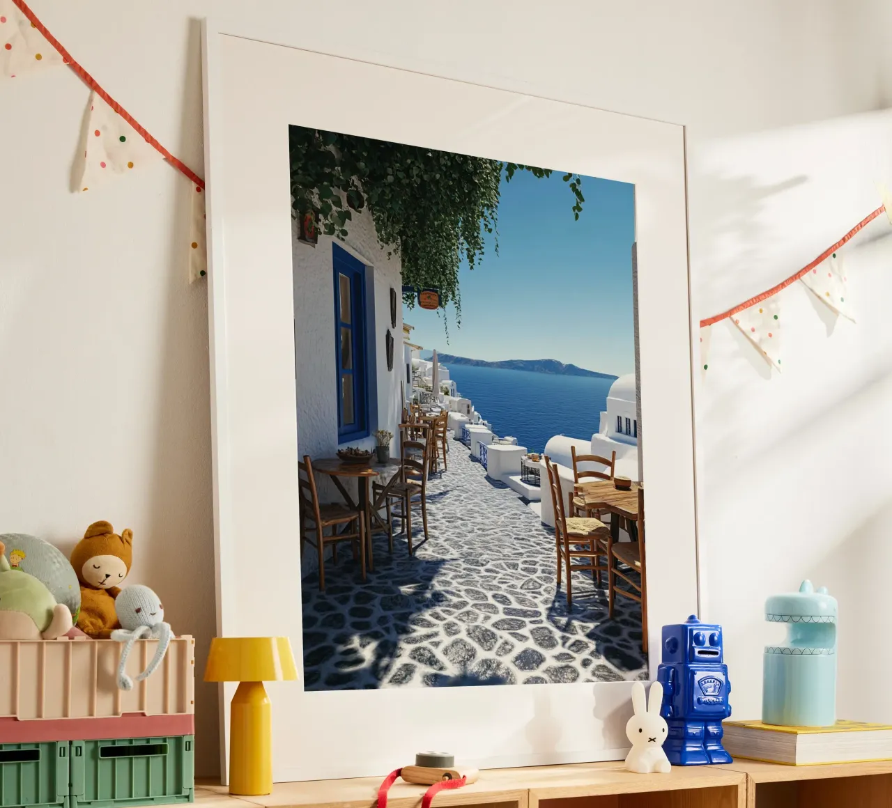 Vibrazioni di Santorini poster con telaio in plastica da PhotoVibe Decor